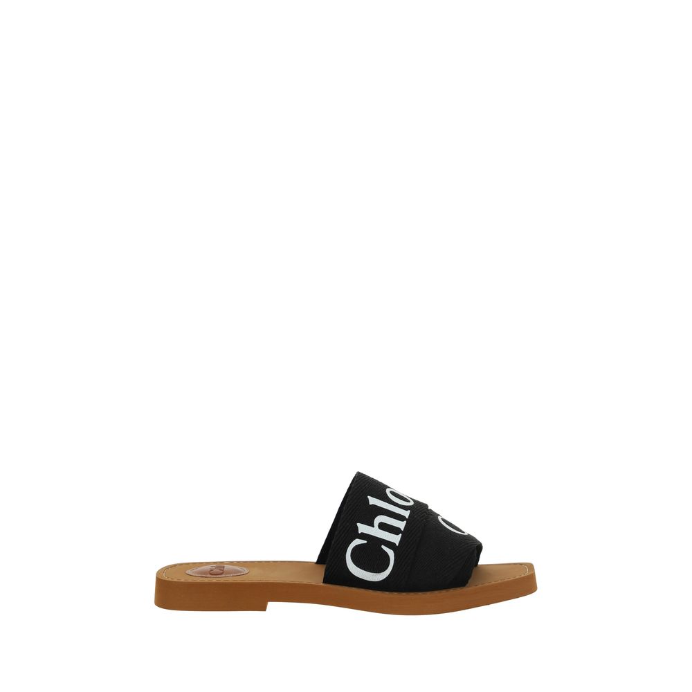 ChloƩ Black Cotton Flat Sandals