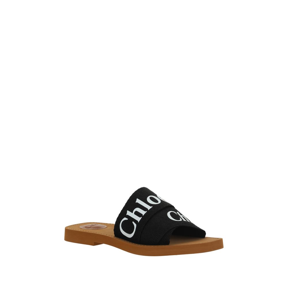 ChloƩ Black Cotton Flat Sandals - Image 2