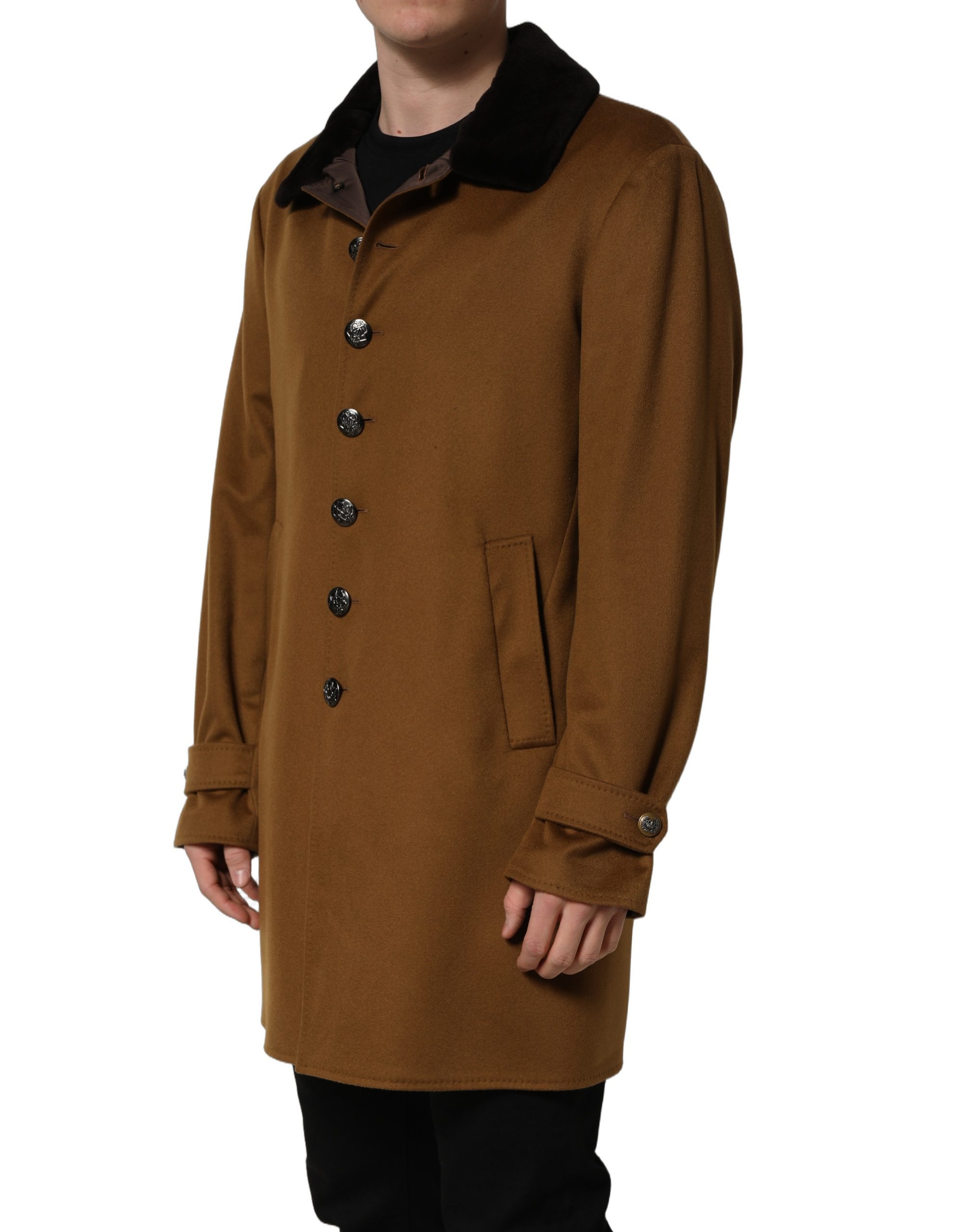 Dolce & Gabbana Brown Cashmere Mink Fur Men Overcoat Jacket - Image 3