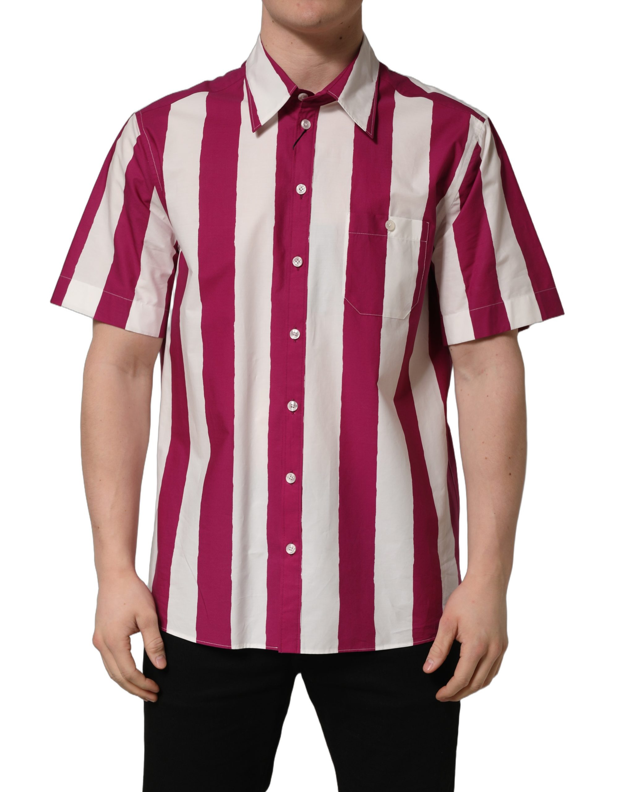 Dolce & Gabbana White Maroon Striped Men Short Sleeves Shirt - Image 2
