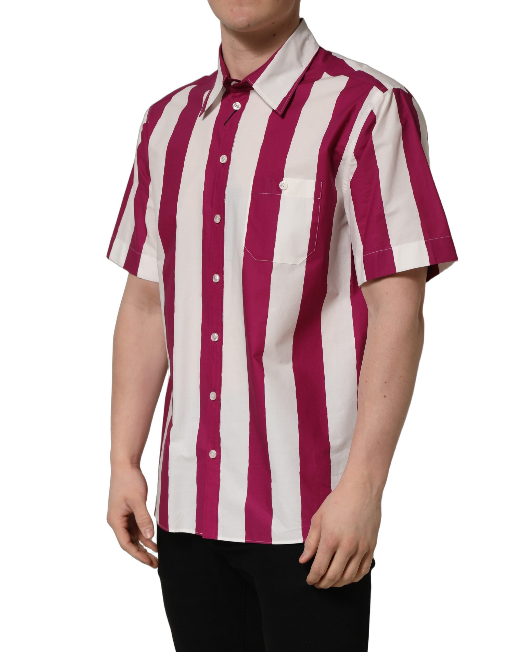 Dolce & Gabbana White Maroon Striped Men Short Sleeves Shirt - Image 3