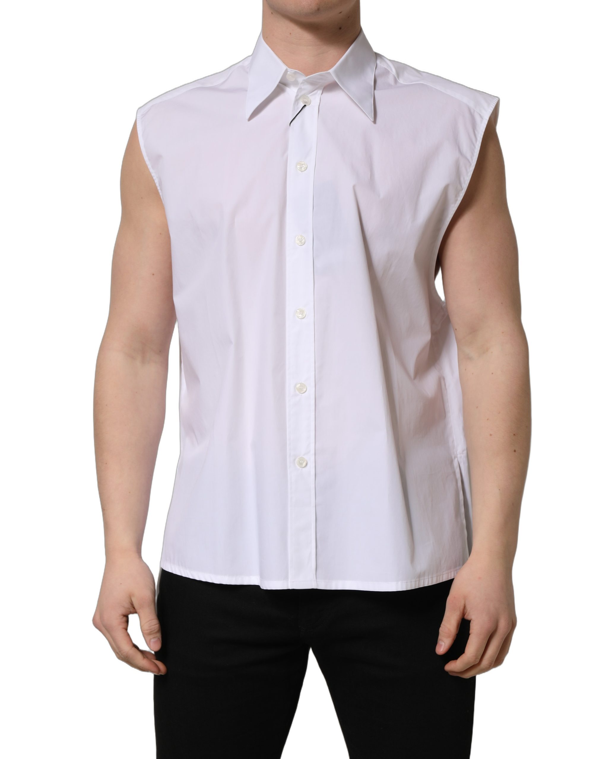 Dolce & Gabbana White Cotton Sleeveless Formal Dress Shirt - Image 2