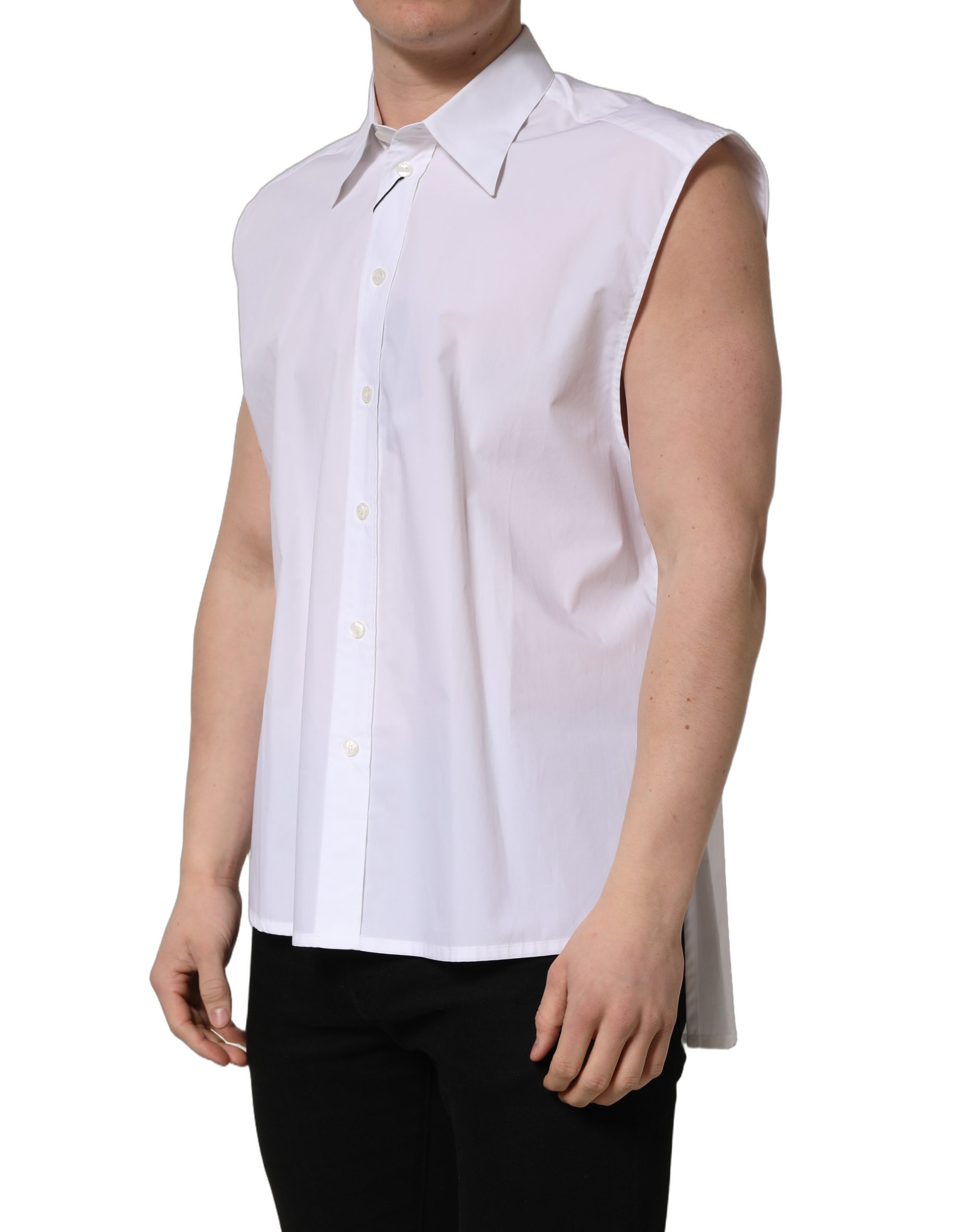 Dolce & Gabbana White Cotton Sleeveless Formal Dress Shirt - Image 3