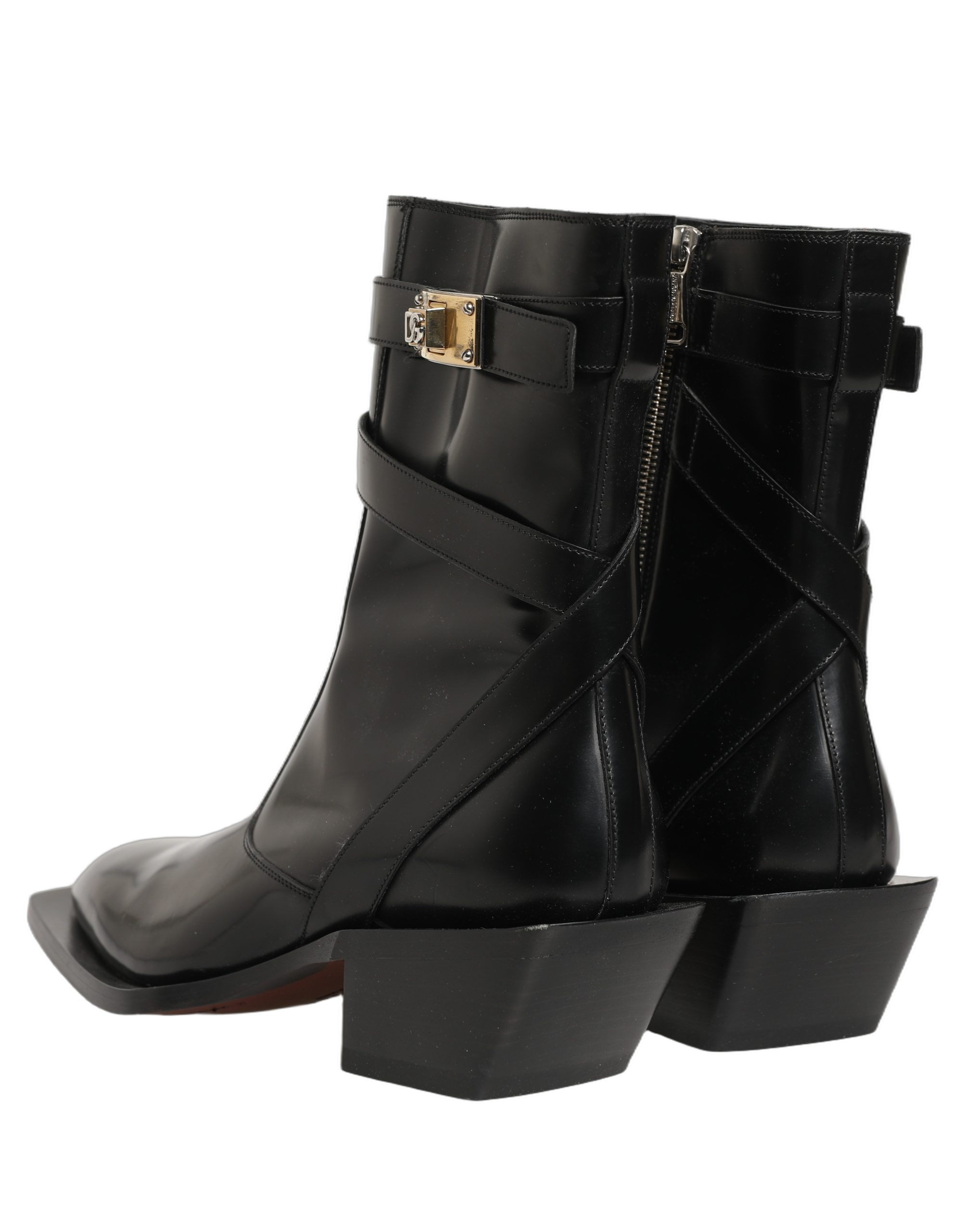 Dolce & Gabbana Black Leather DG Plaque Mid Calf Boots Shoes - Image 3