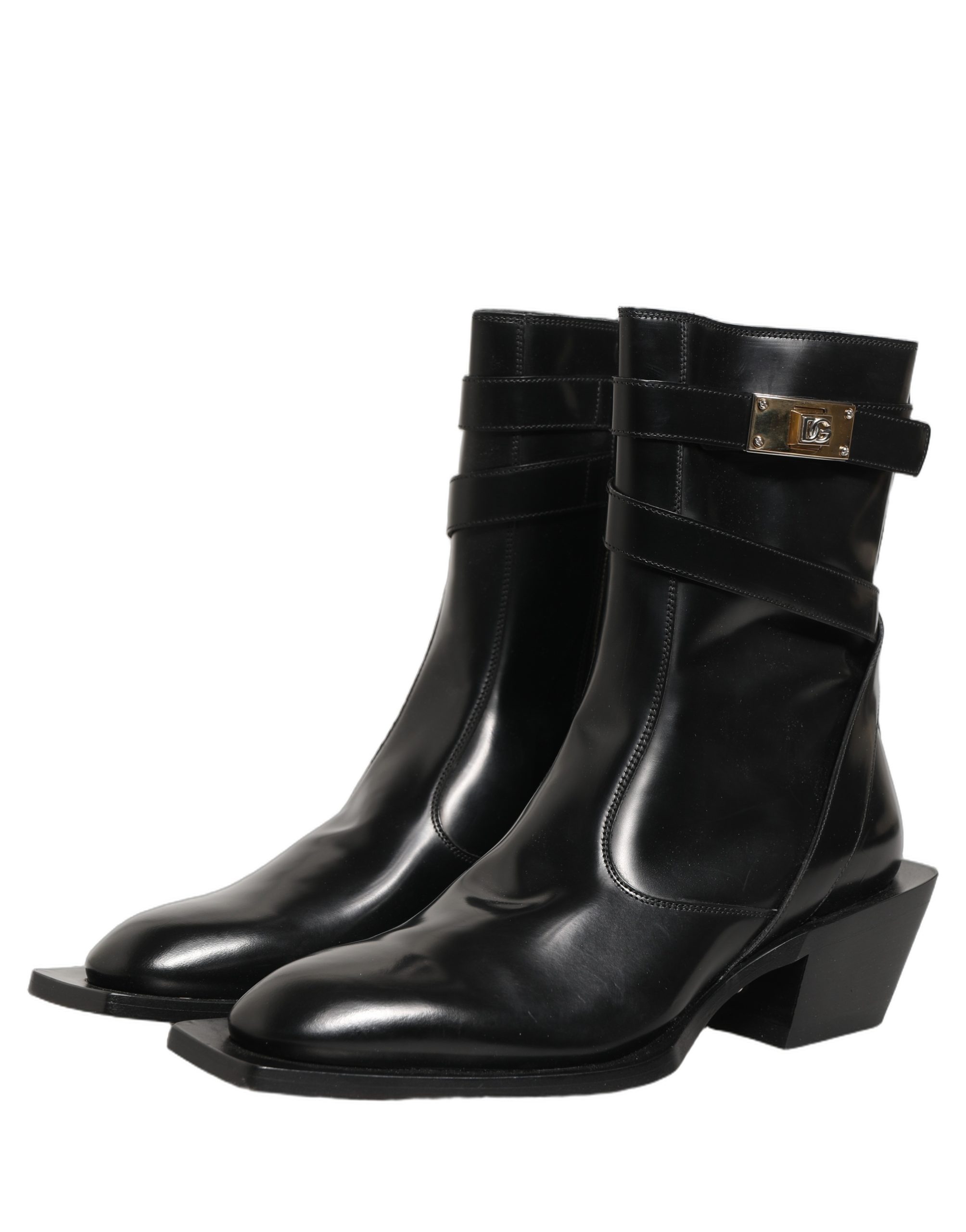 Dolce & Gabbana Black Leather DG Plaque Mid Calf Boots Shoes - Image 7