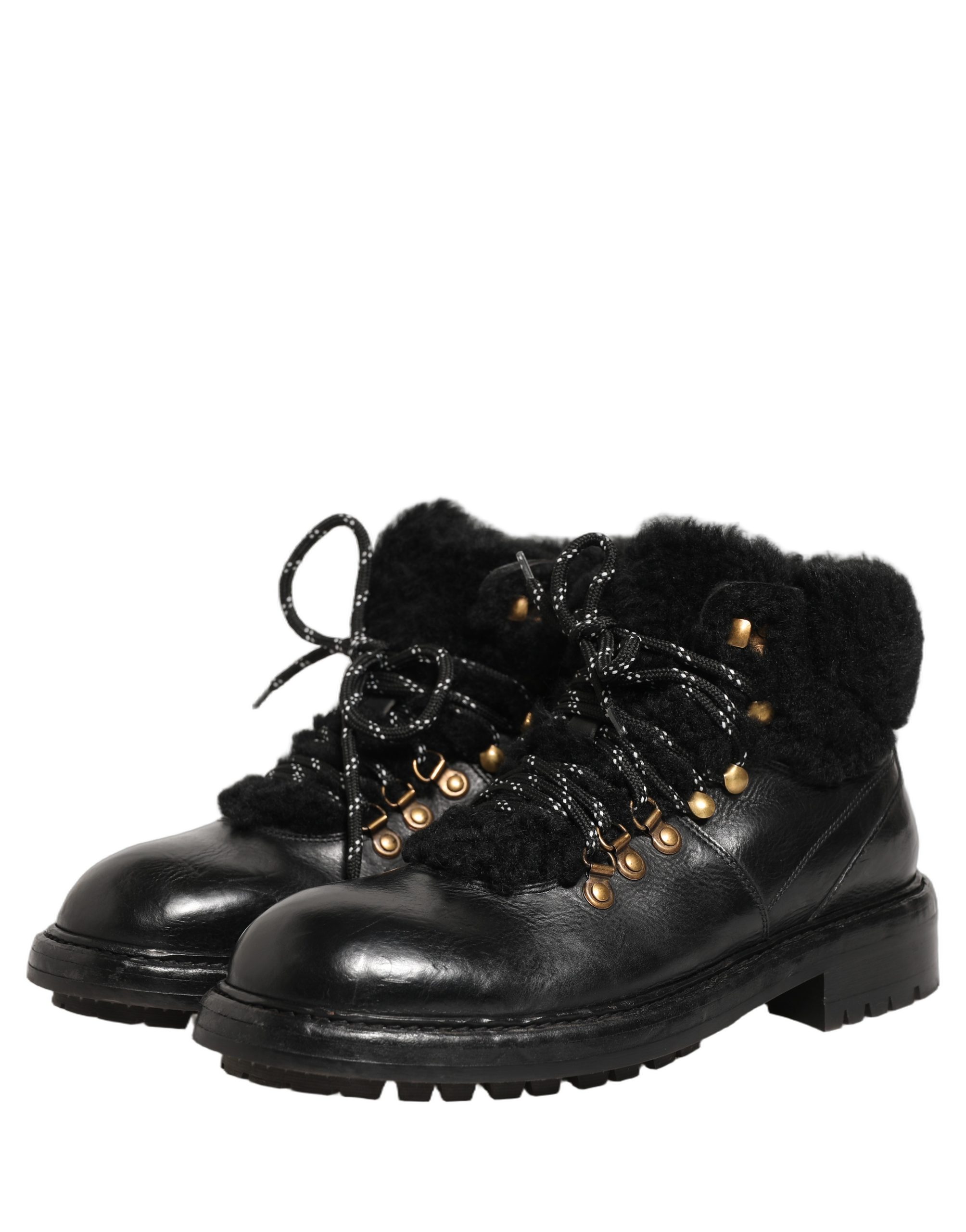 Dolce & Gabbana Black Trekking Fur Lace Leather Boots Shoes - Image 5