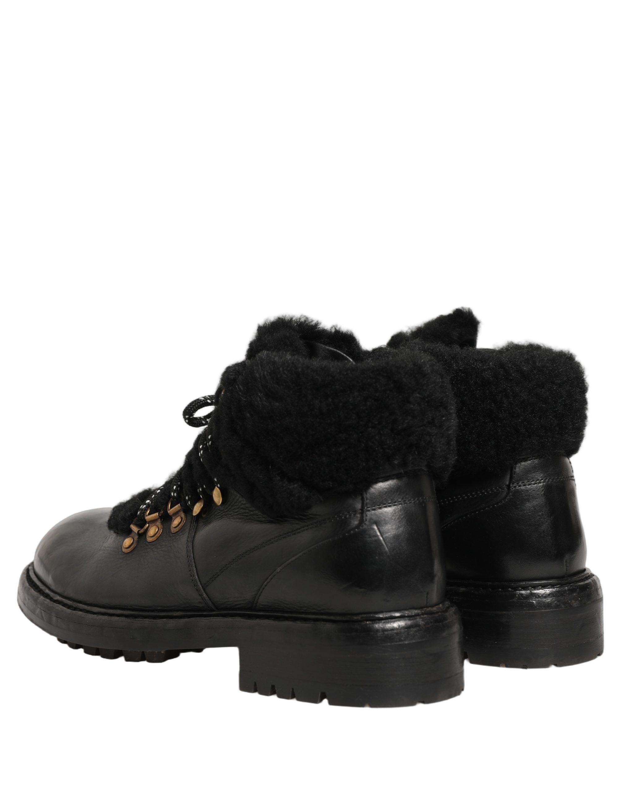 Dolce & Gabbana Black Trekking Fur Lace Leather Boots Shoes - Image 6