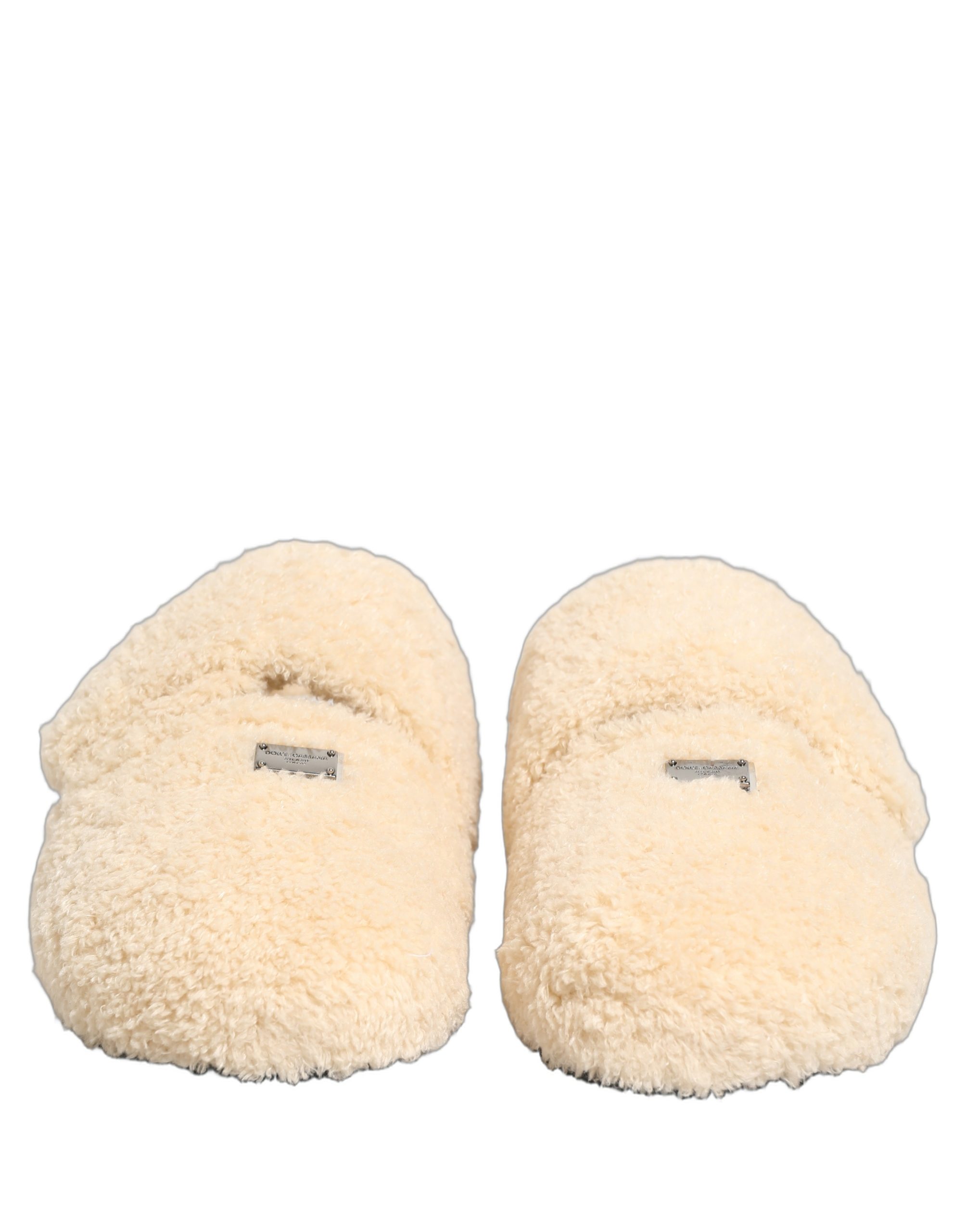 Dolce & Gabbana Beige Faux Fur Flats Men Slides Sandals Shoes - Image 4