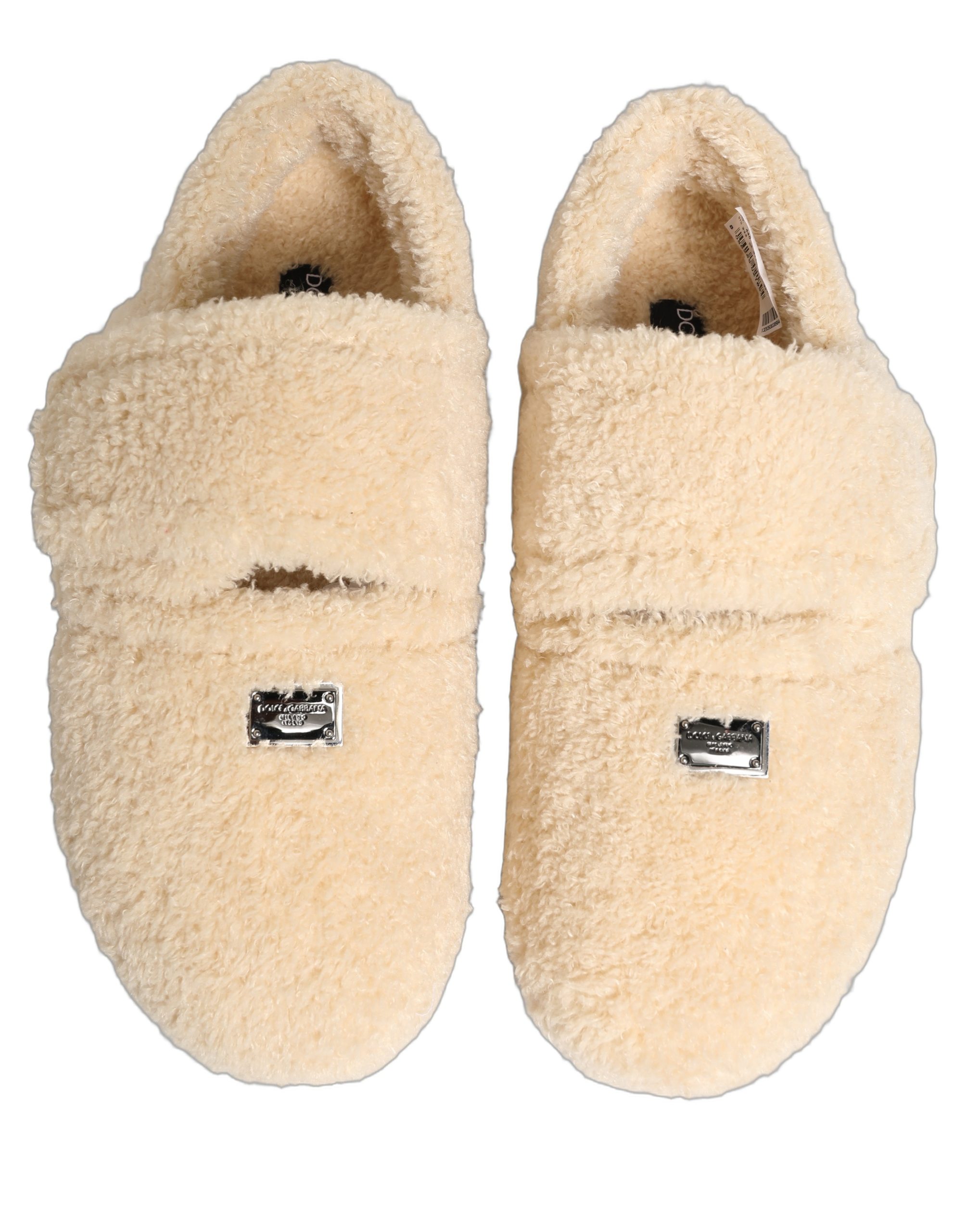 Dolce & Gabbana Beige Faux Fur Flats Men Slides Sandals Shoes - Image 5