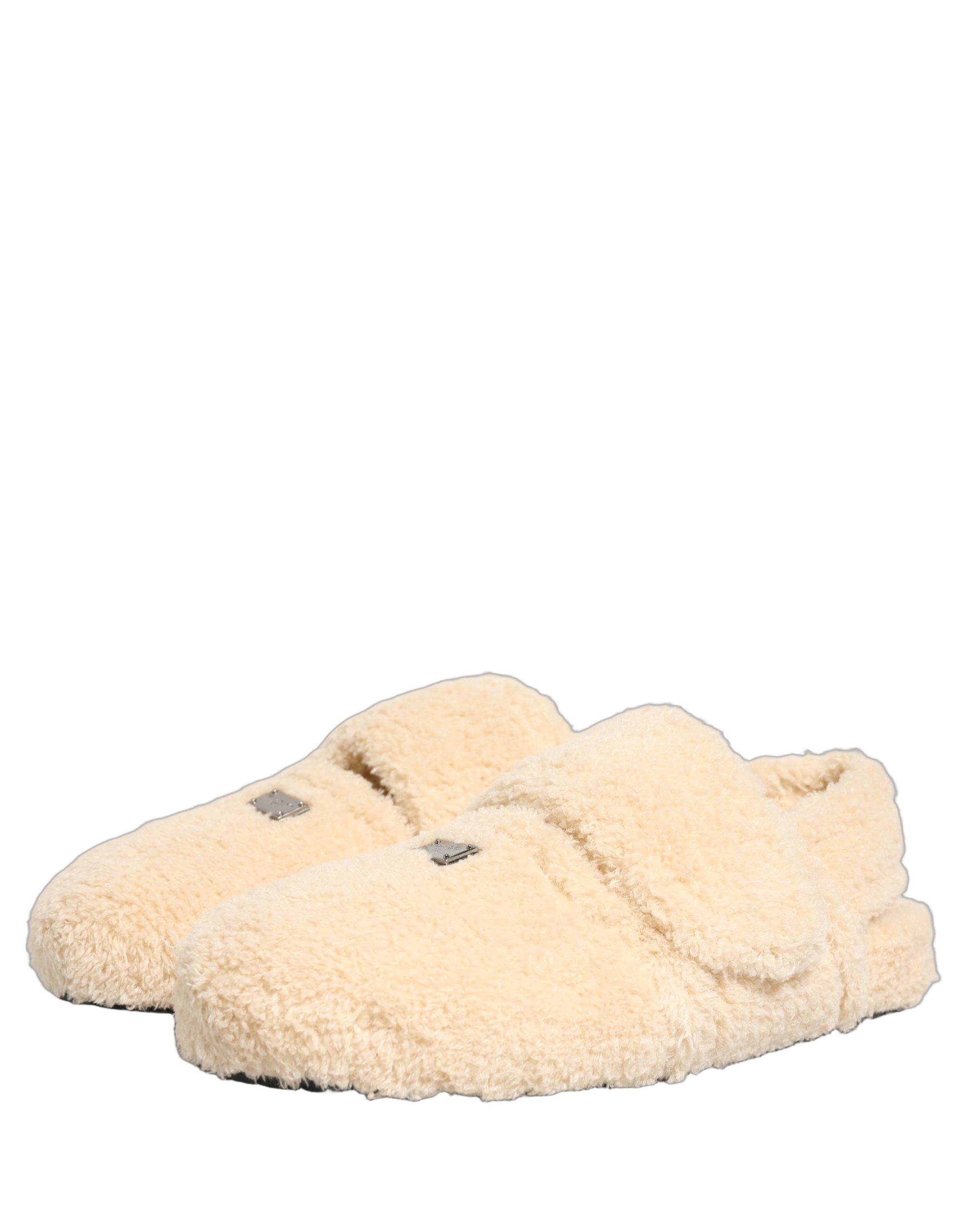 Dolce & Gabbana Beige Faux Fur Flats Men Slides Sandals Shoes - Image 6