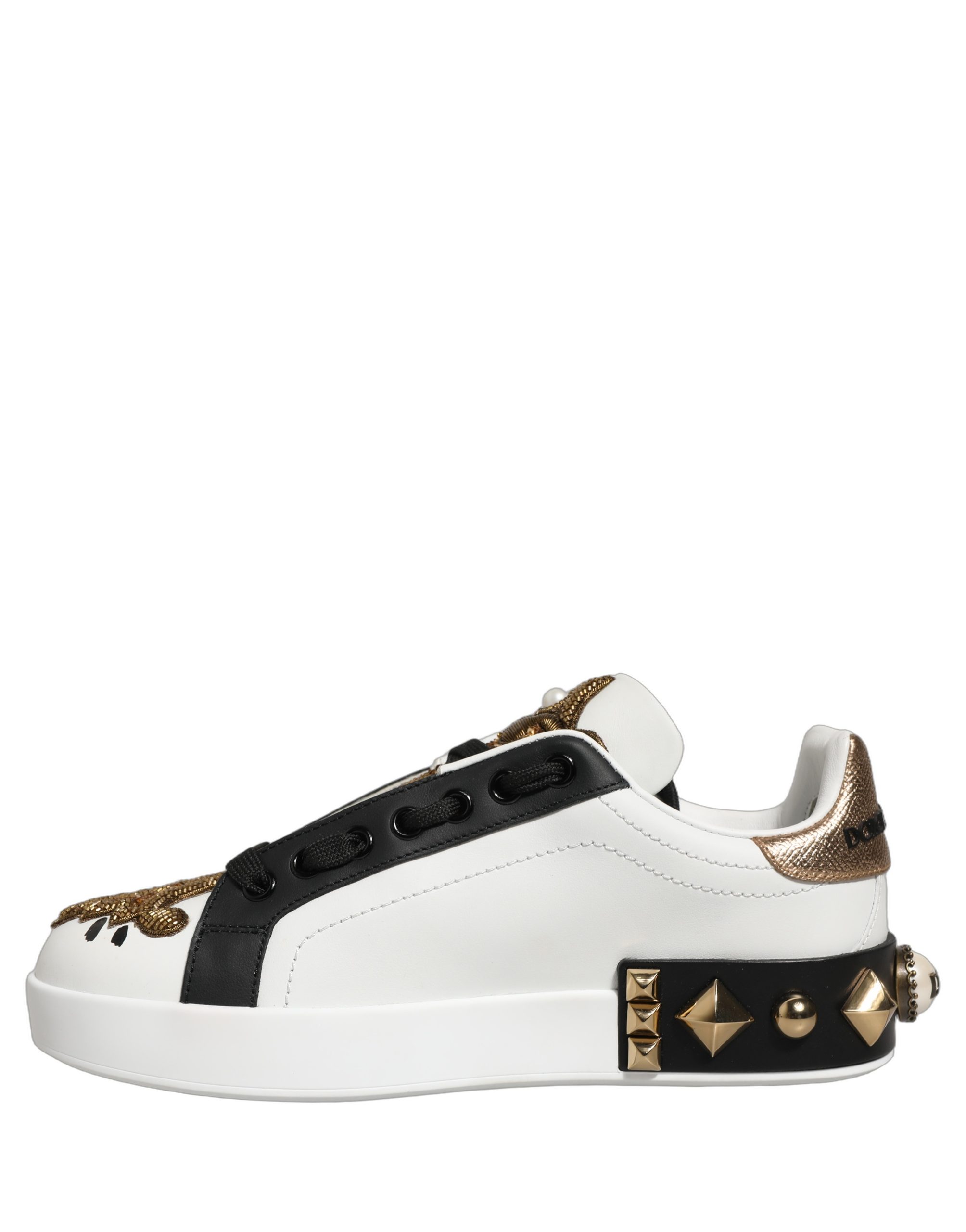 Dolce & Gabbana White Gold Studded Portofino Sneakers Shoes - Image 3