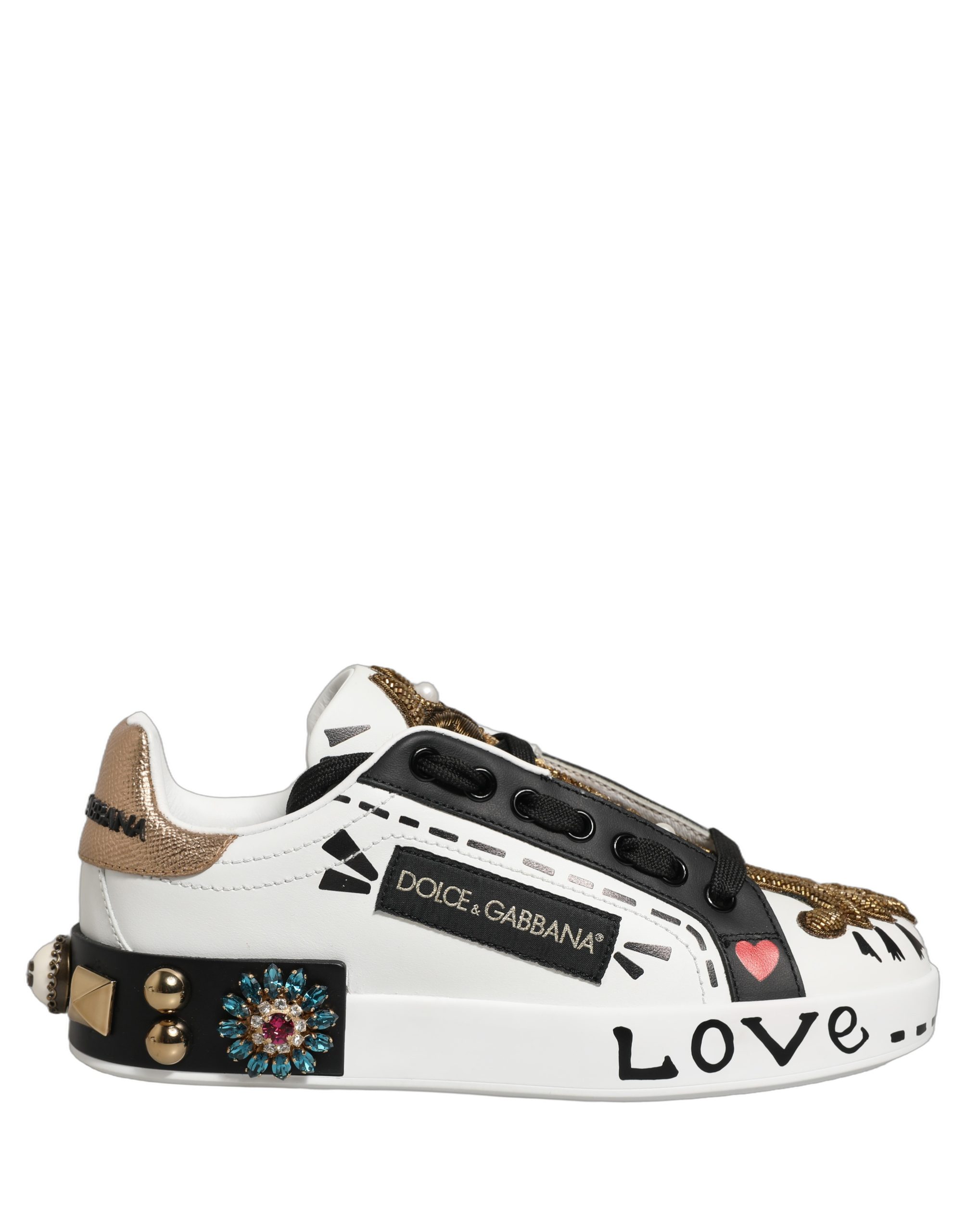 Dolce & Gabbana White Gold Studded Portofino Sneakers Shoes - Image 2