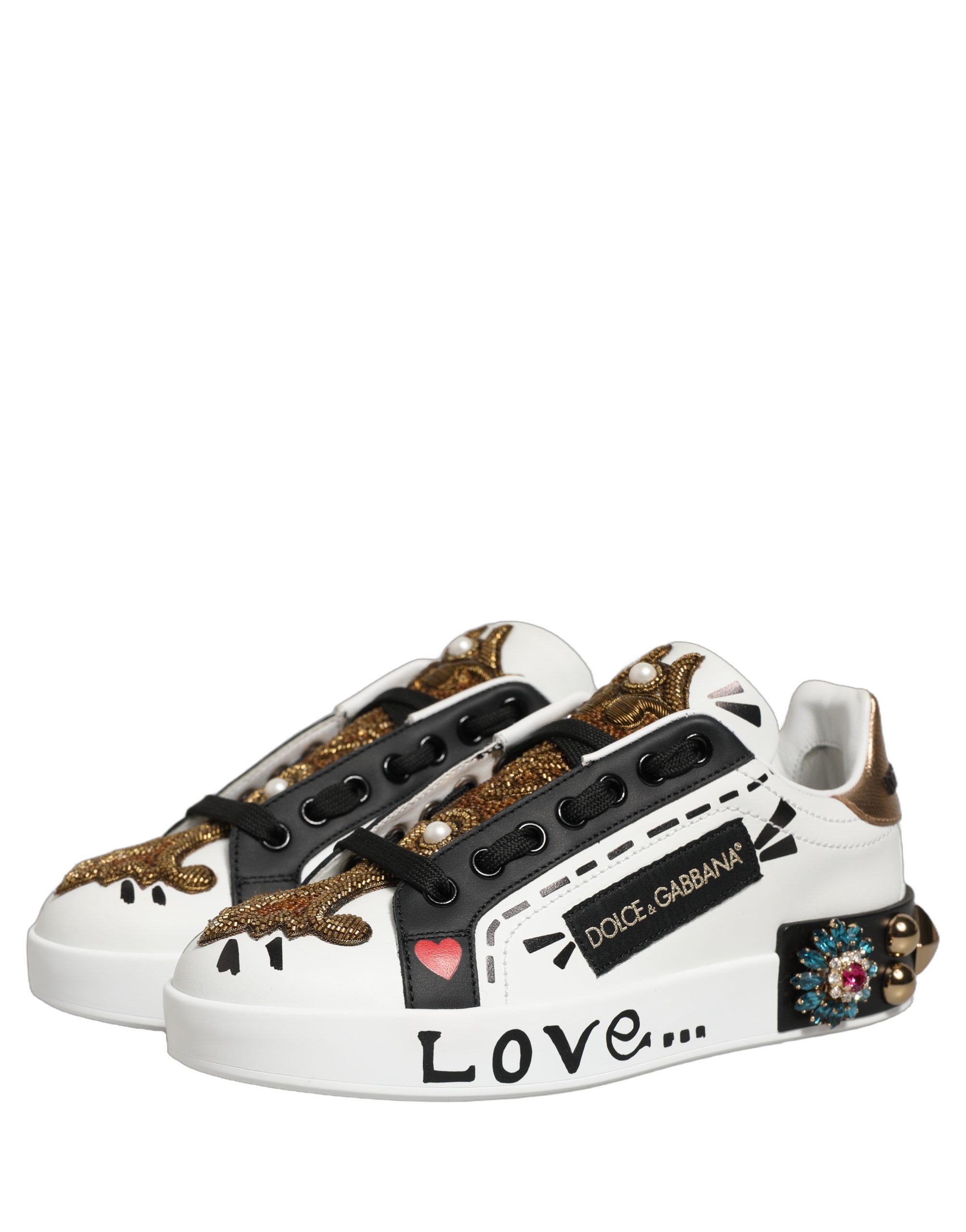 Dolce & Gabbana White Gold Studded Portofino Sneakers Shoes - Image 7