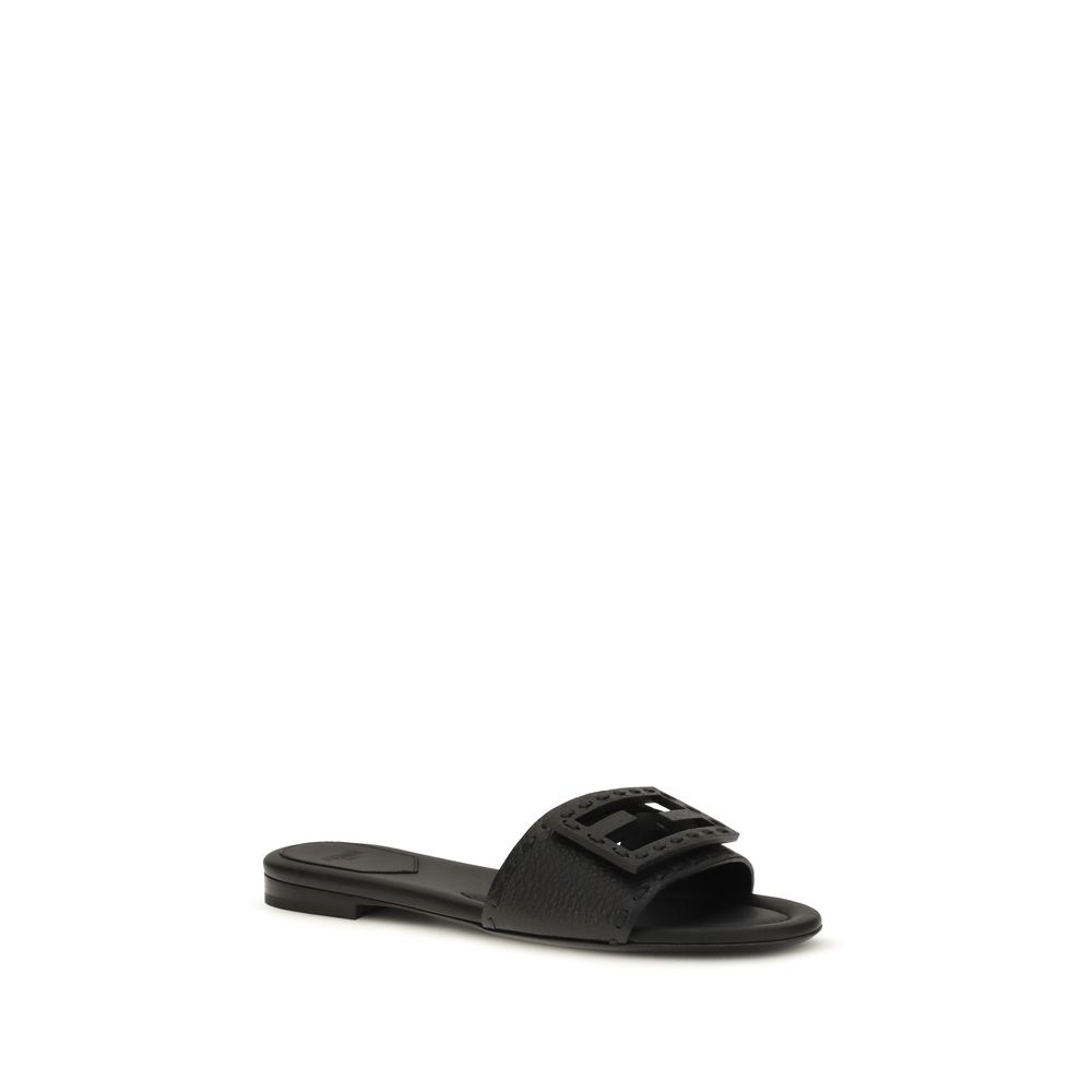 Fendi Black Calf Leather Bos Taurus Flat Sandals - Image 2