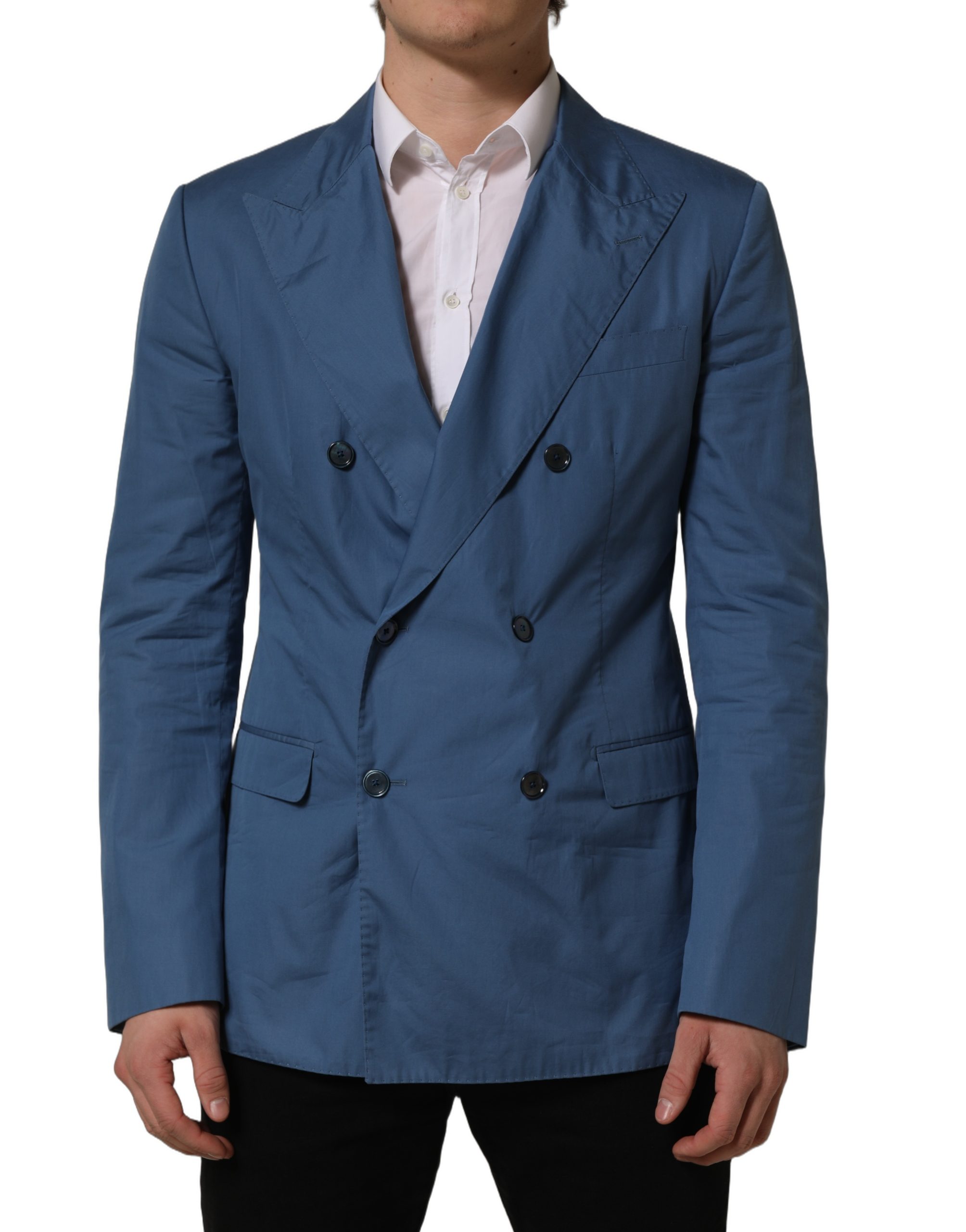 Dolce & Gabbana Blue Cotton Double Breasted Men Coat Blazer - Image 3