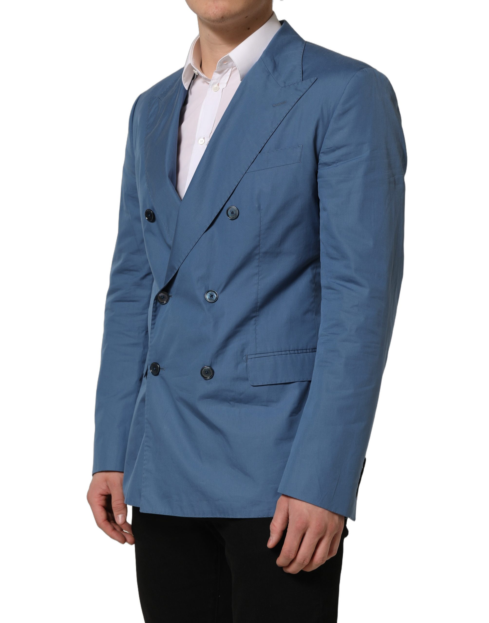 Dolce & Gabbana Blue Cotton Double Breasted Men Coat Blazer - Image 4