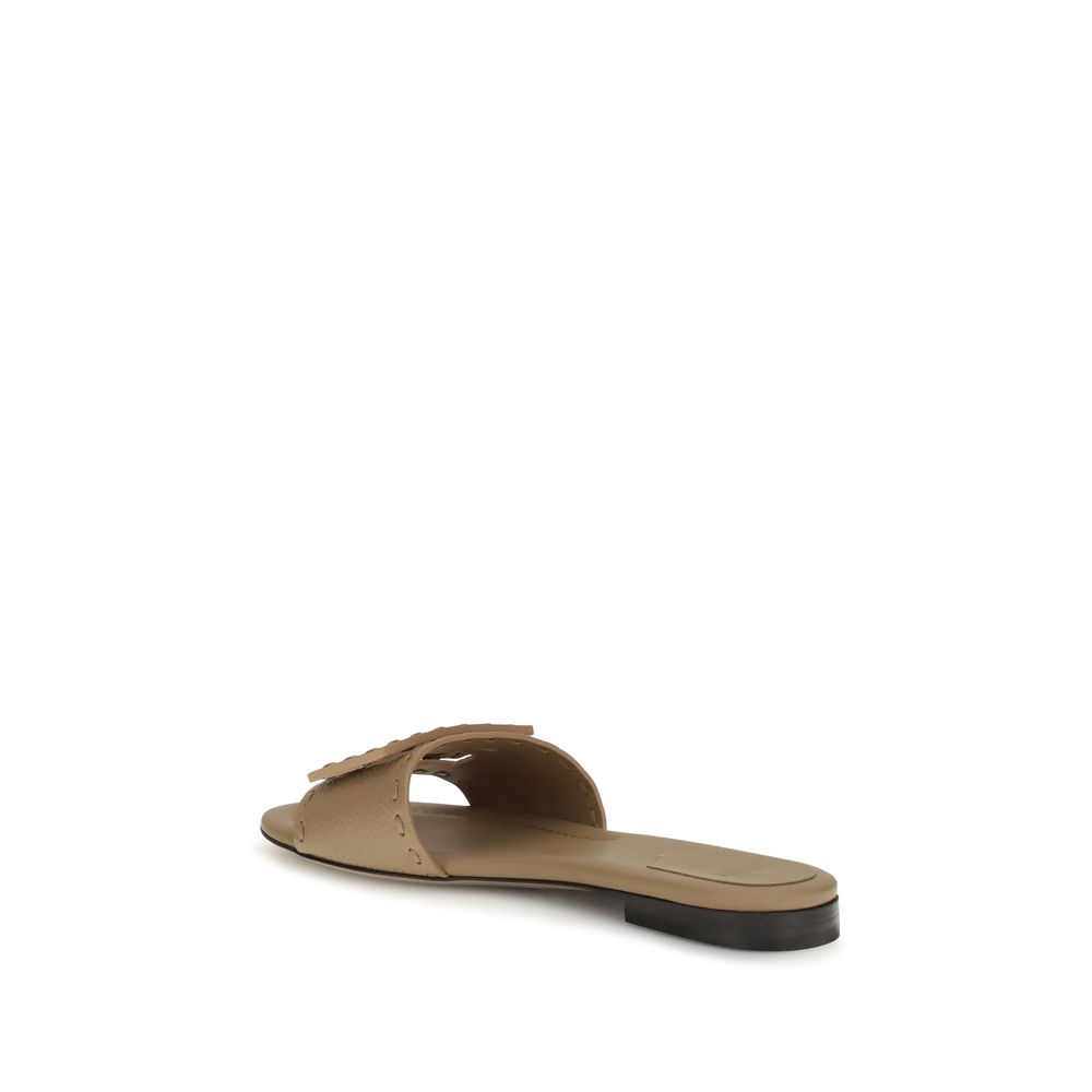 Fendi Beige Calf Leather Bos Taurus Flat Sandals - Image 3