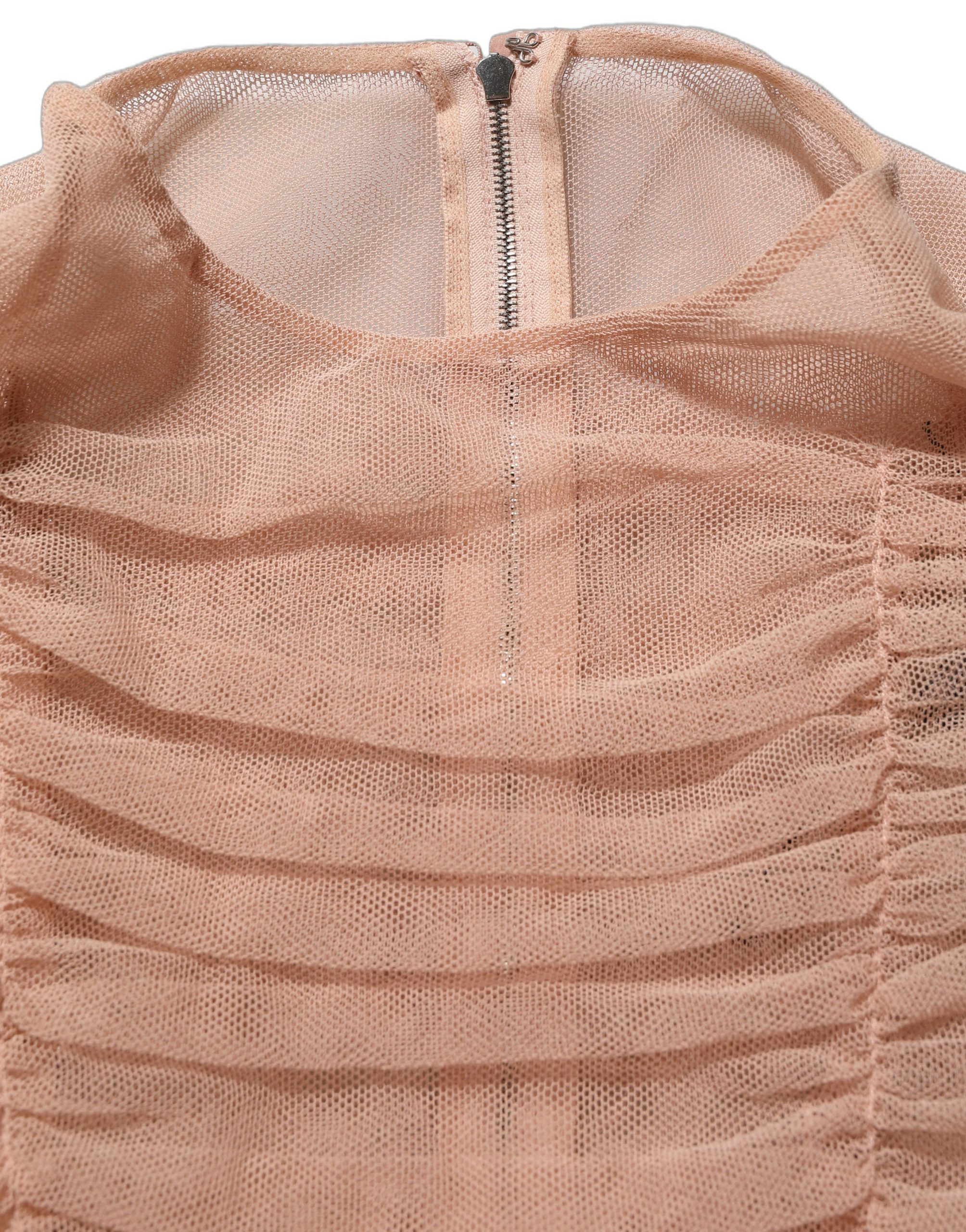 Dolce & Gabbana Beige Cotton Mesh Ruched Sheath Midi Dress