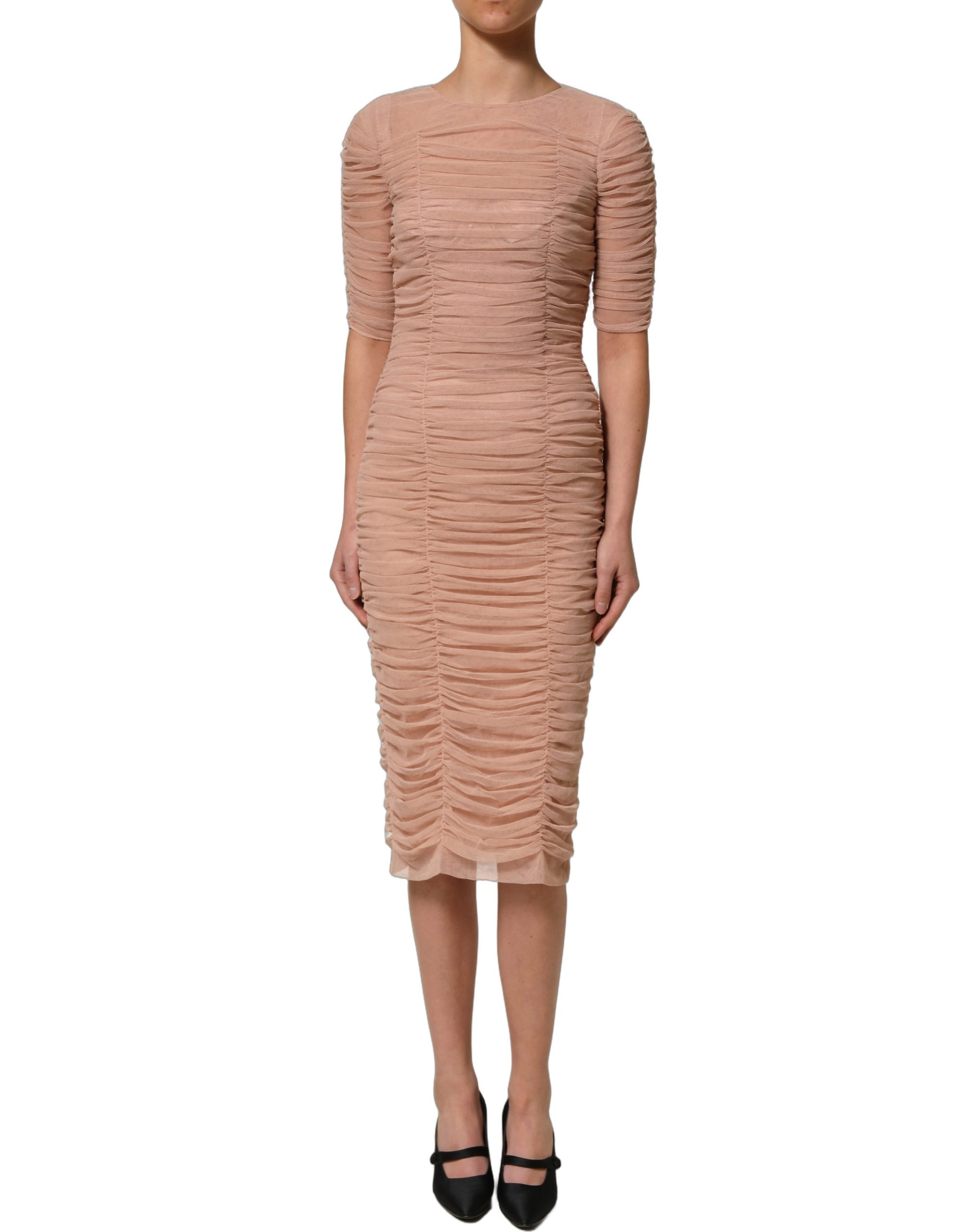 Dolce & Gabbana Beige Cotton Mesh Ruched Sheath Midi Dress - Image 3