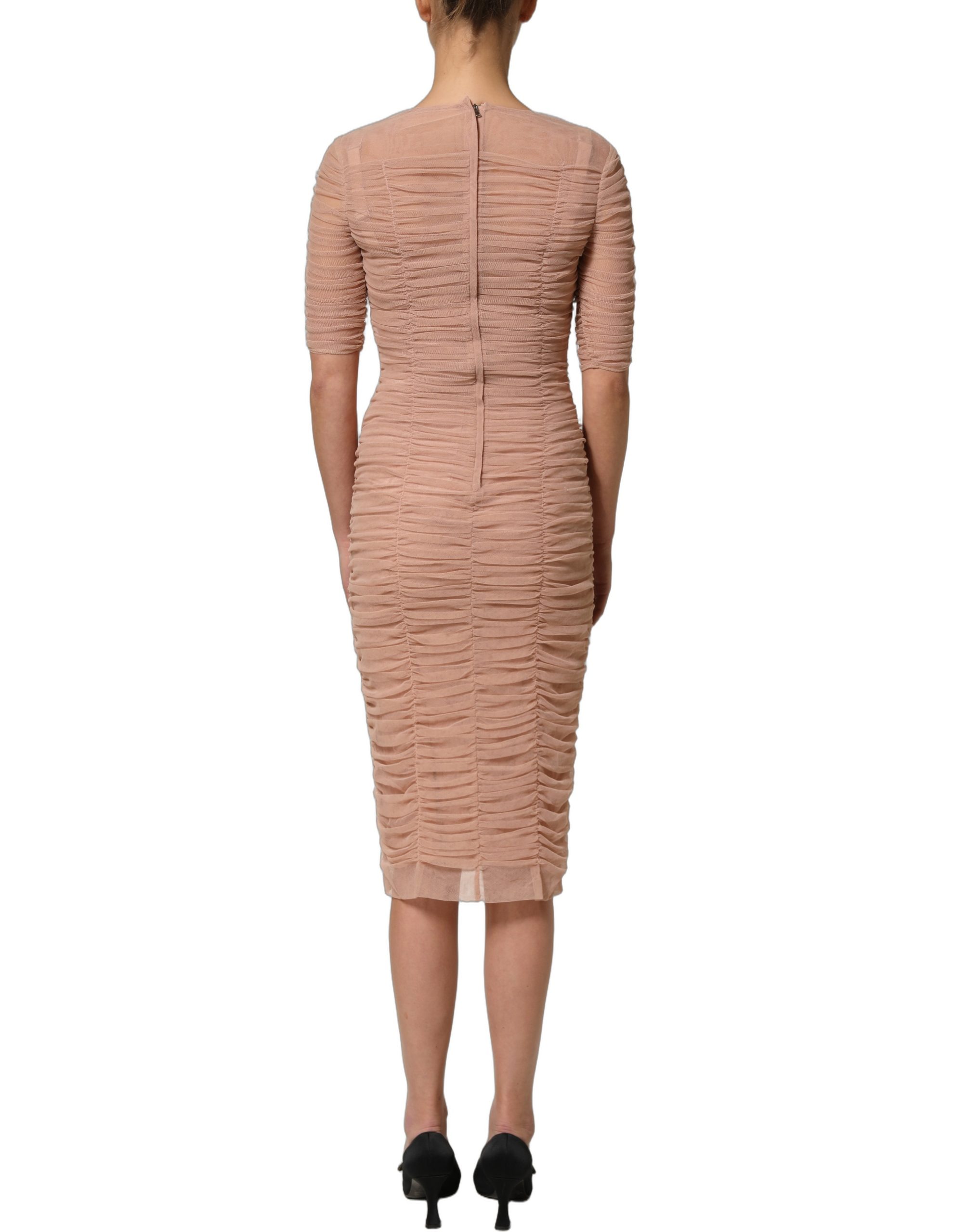 Dolce & Gabbana Beige Cotton Mesh Ruched Sheath Midi Dress - Image 5