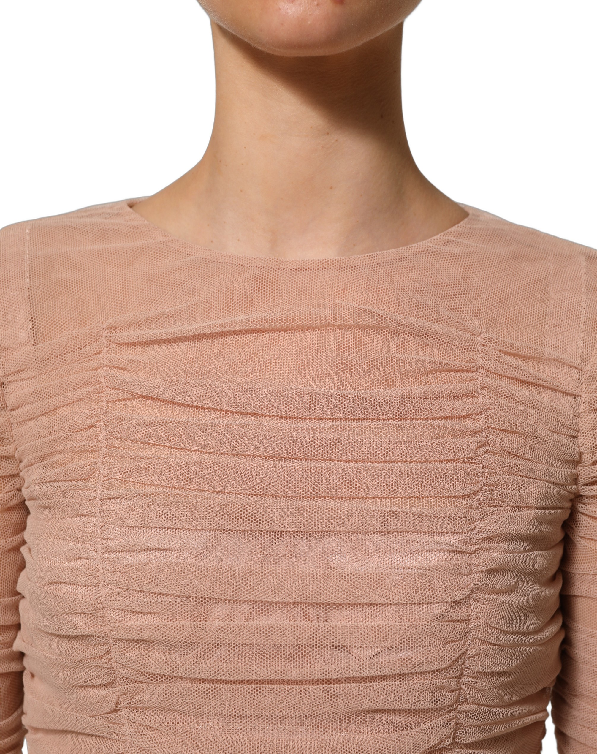 Dolce & Gabbana Beige Cotton Mesh Ruched Sheath Midi Dress - Image 6