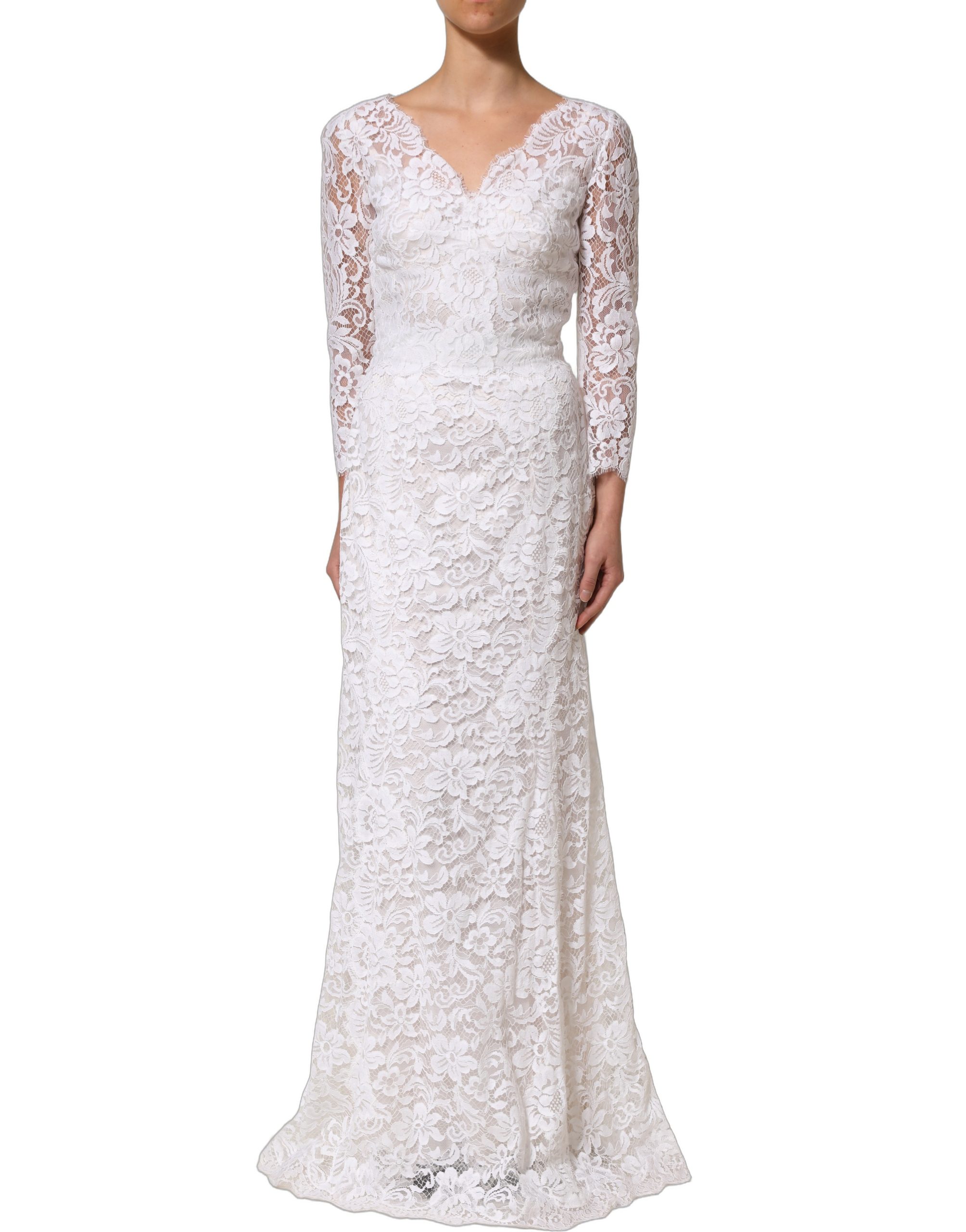 Dolce & Gabbana White Cotton Floral Lace Long Gown Dress - Image 2