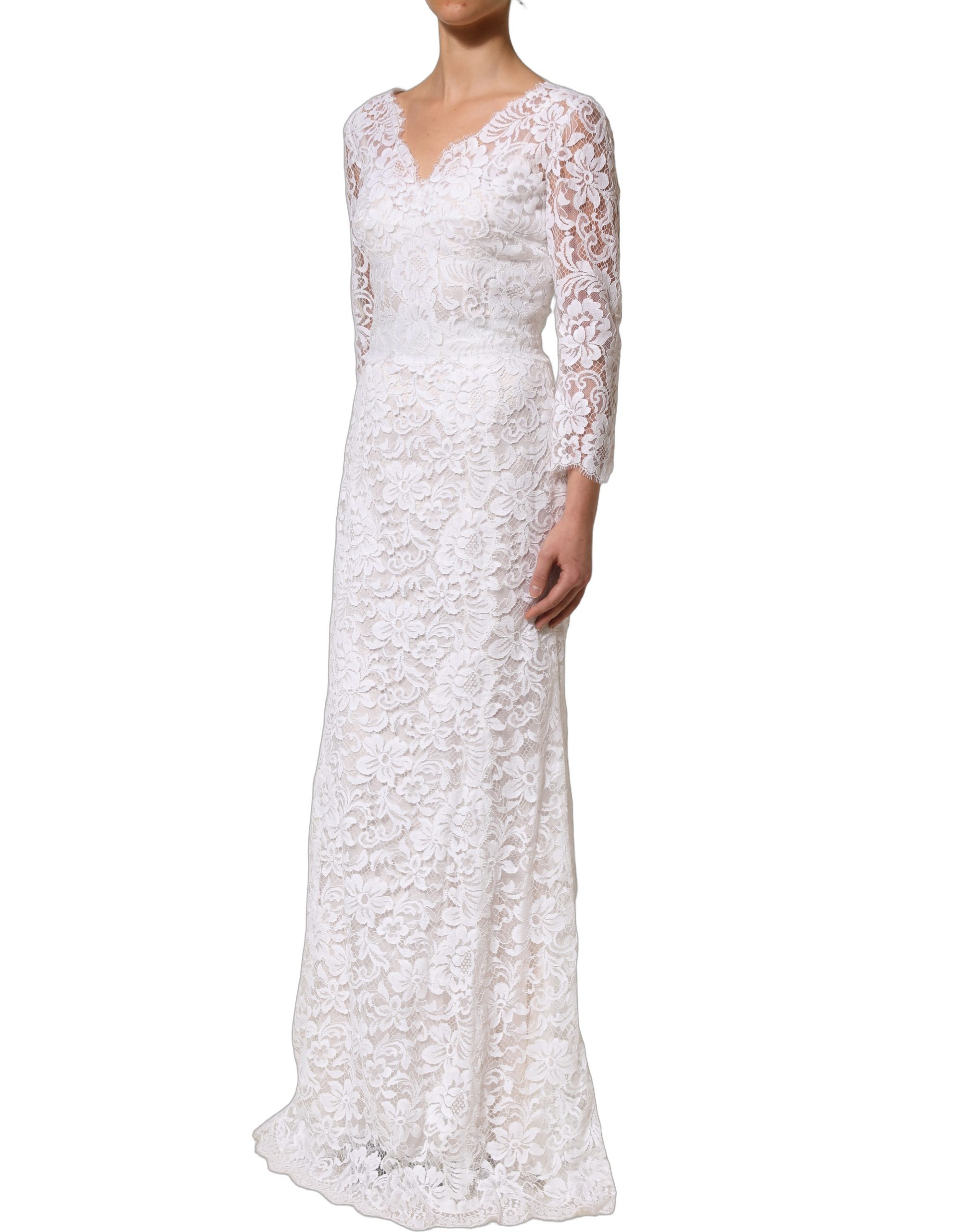 Dolce & Gabbana White Cotton Floral Lace Long Gown Dress - Image 4