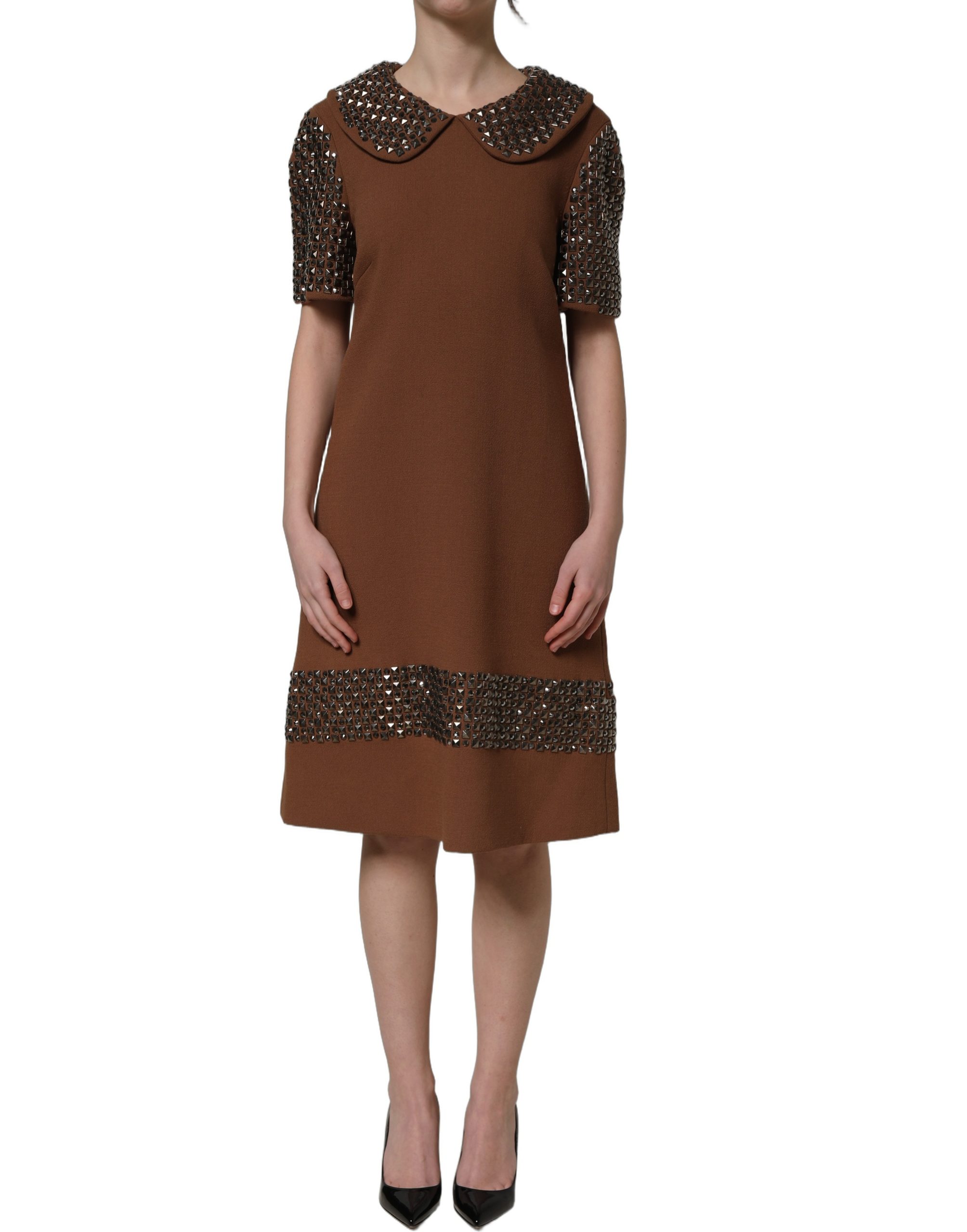 Dolce & Gabbana Brown Wool Rhinestone Embellished Midi Dress - Image 2