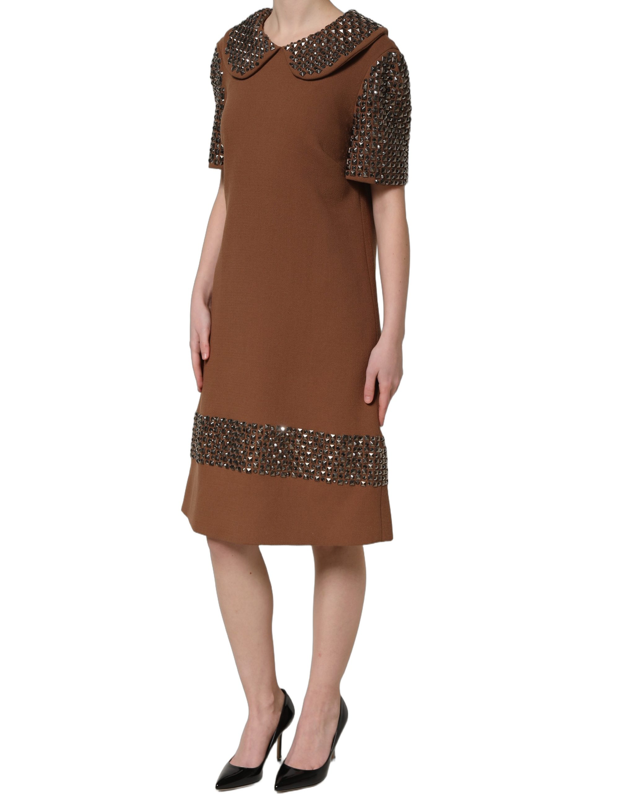 Dolce & Gabbana Brown Wool Rhinestone Embellished Midi Dress - Image 4