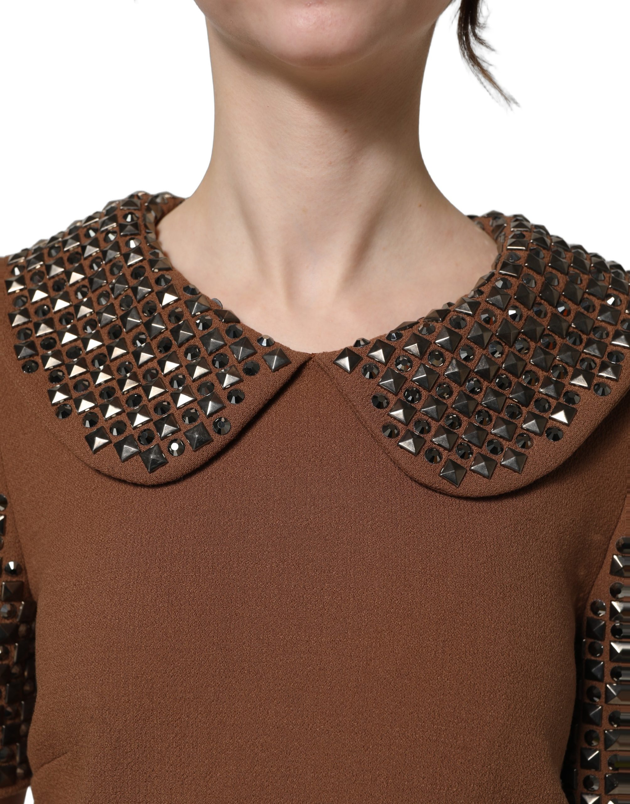 Dolce & Gabbana Brown Wool Rhinestone Embellished Midi Dress - Image 6
