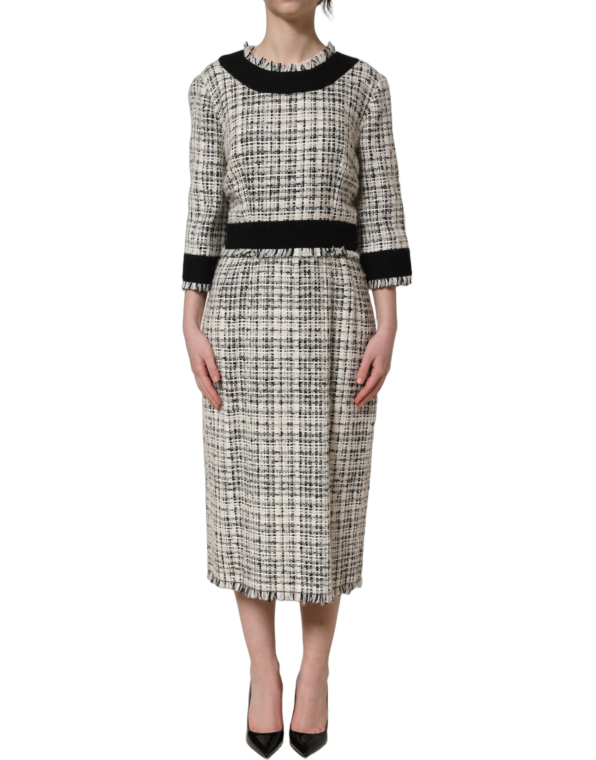 Dolce & Gabbana Multicolor Bouclé Tweed Frayed Trim Midi Dress - Image 2