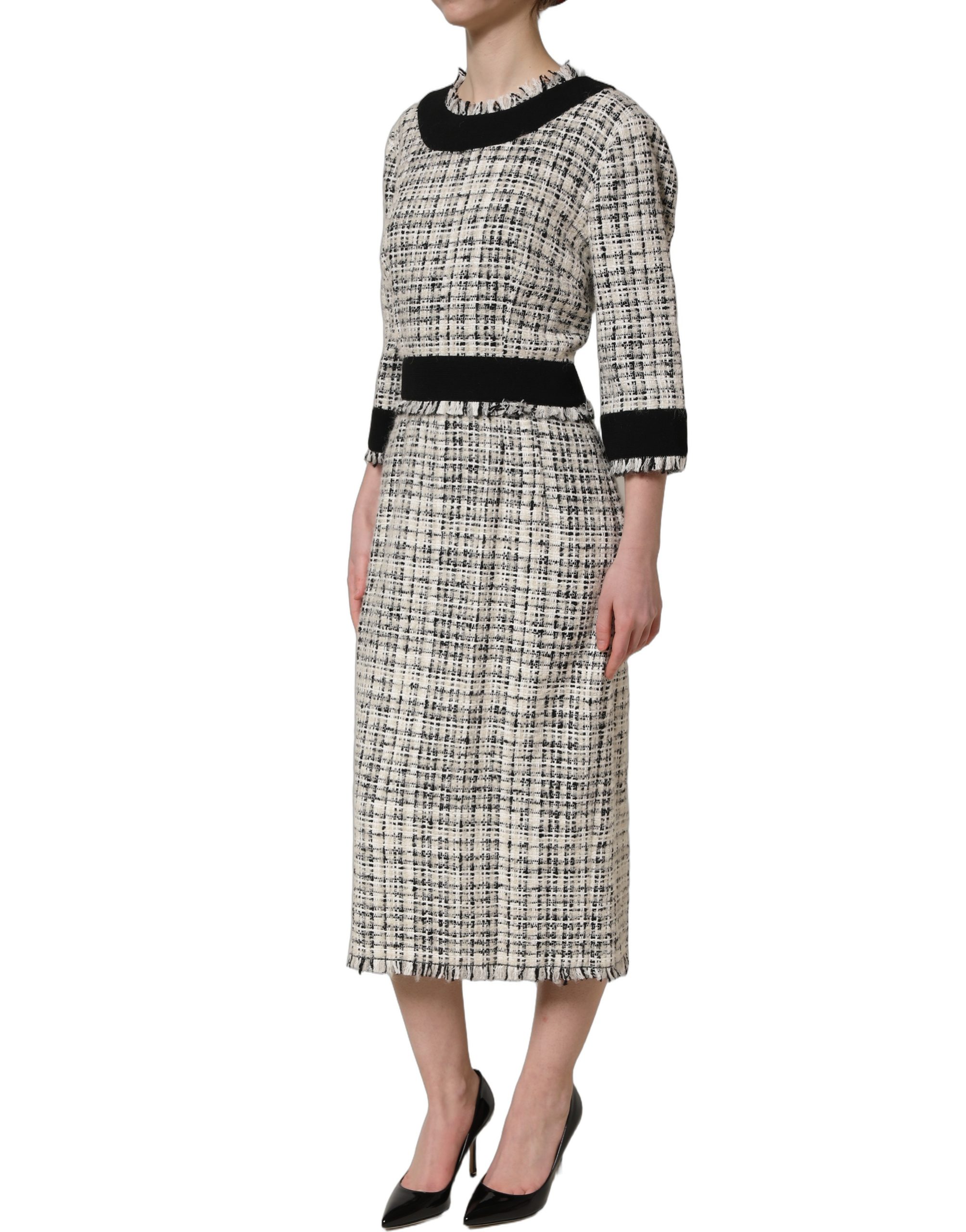 Dolce & Gabbana Multicolor Bouclé Tweed Frayed Trim Midi Dress - Image 3