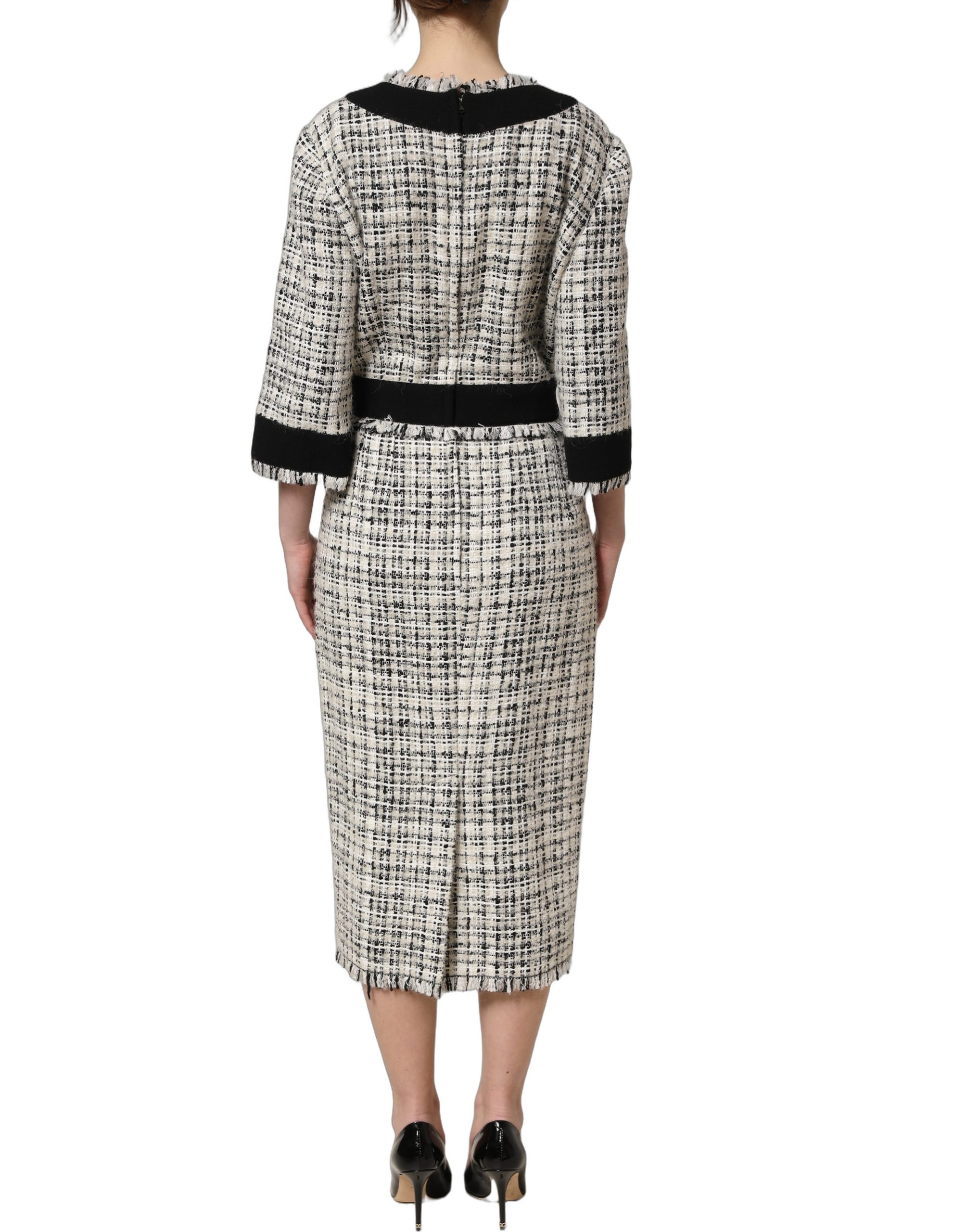 Dolce & Gabbana Multicolor Bouclé Tweed Frayed Trim Midi Dress - Image 5