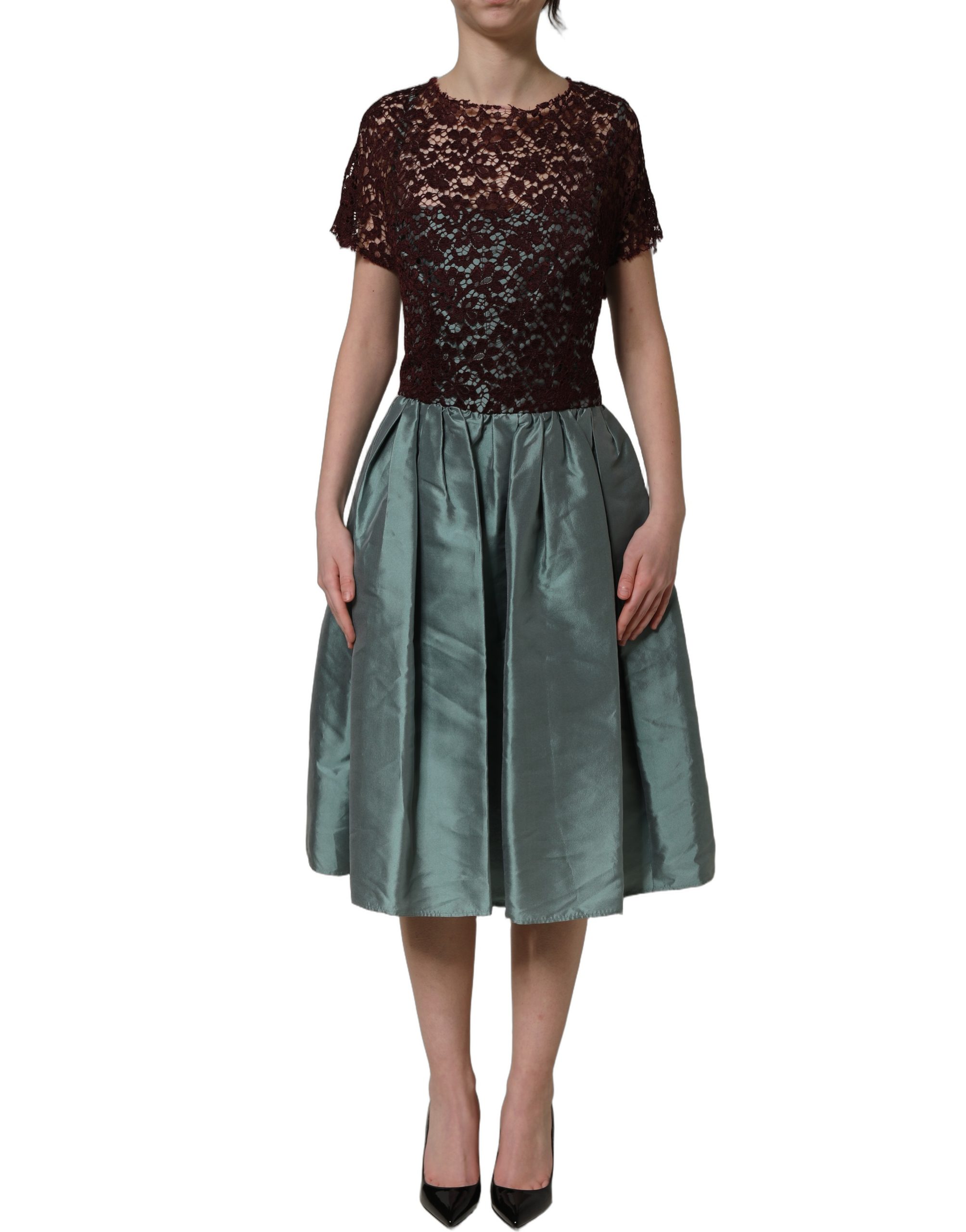 Dolce & Gabbana Multicolor Floral Lace Taffeta Pleated Midi Dress - Image 3
