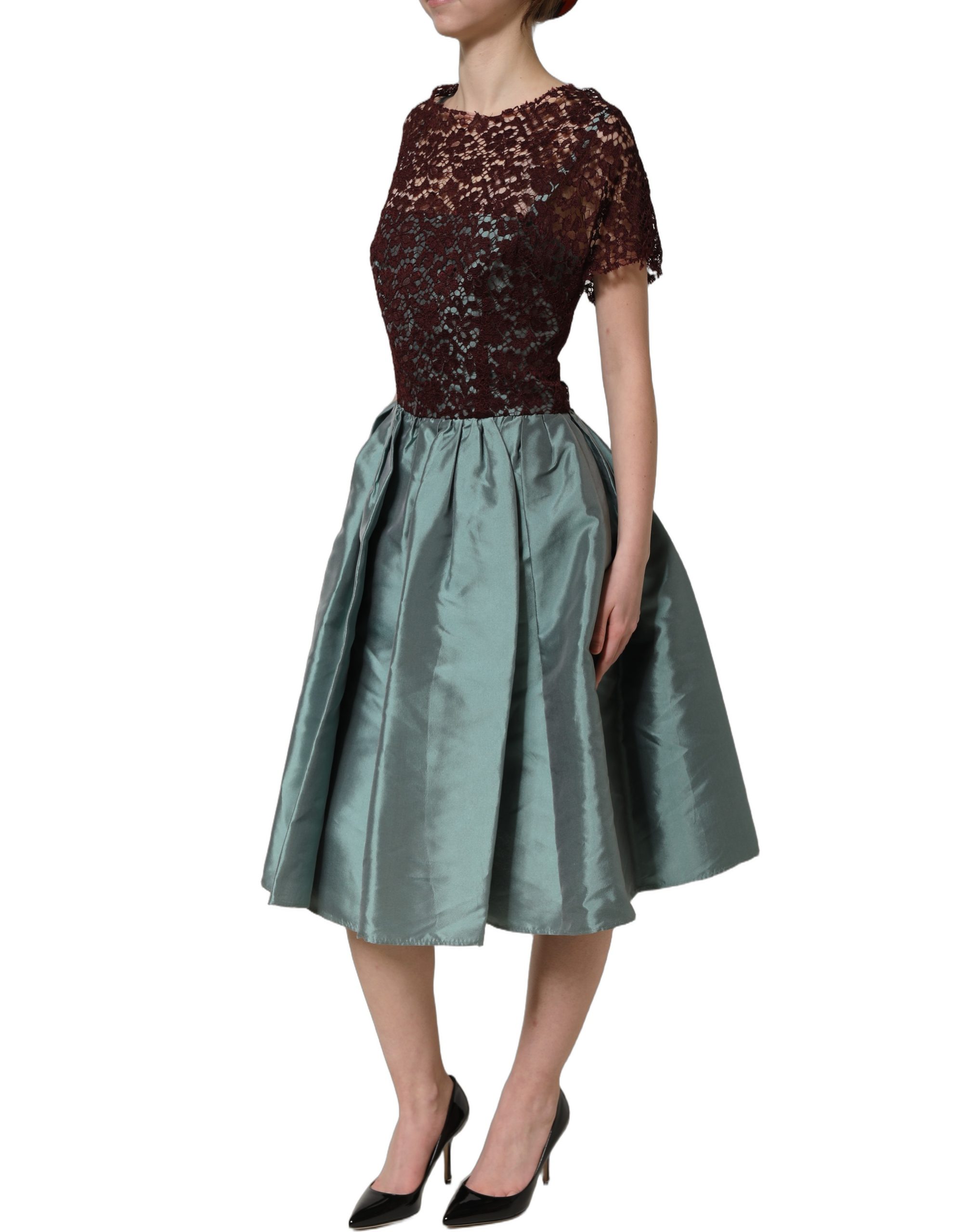 Dolce & Gabbana Multicolor Floral Lace Taffeta Pleated Midi Dress - Image 5