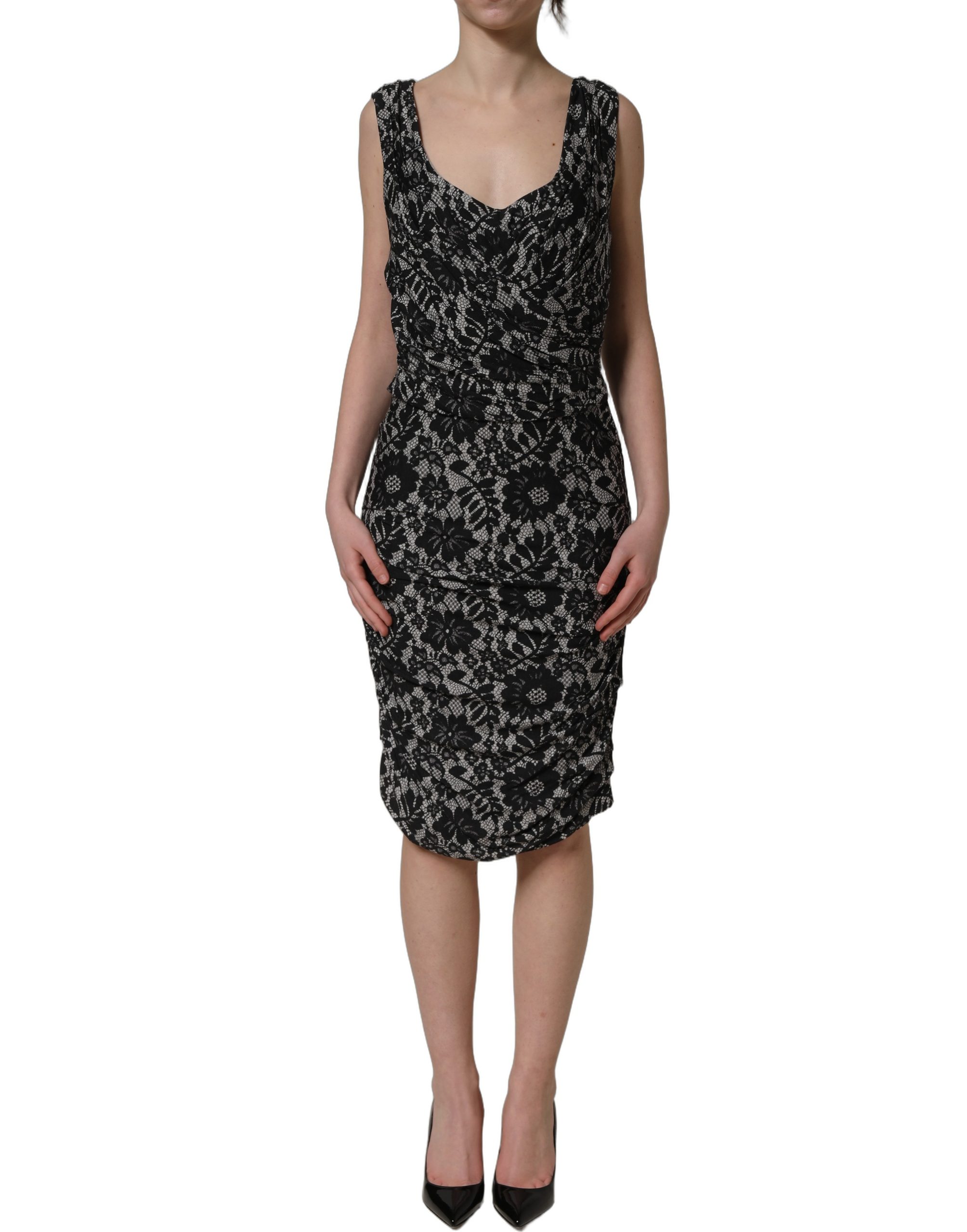 Dolce & Gabbana Black White Floral Lace Sleeveless Midi Dress - Image 2