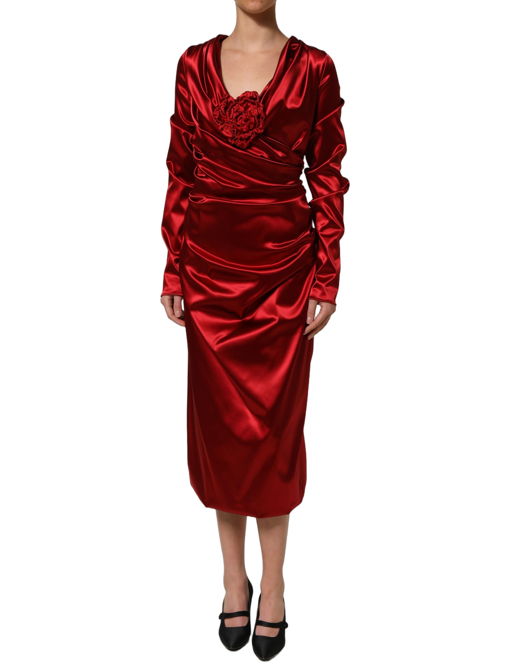 Dolce & Gabbana Red Silk Satin Draped Midi Floral Applique Dress - Image 3