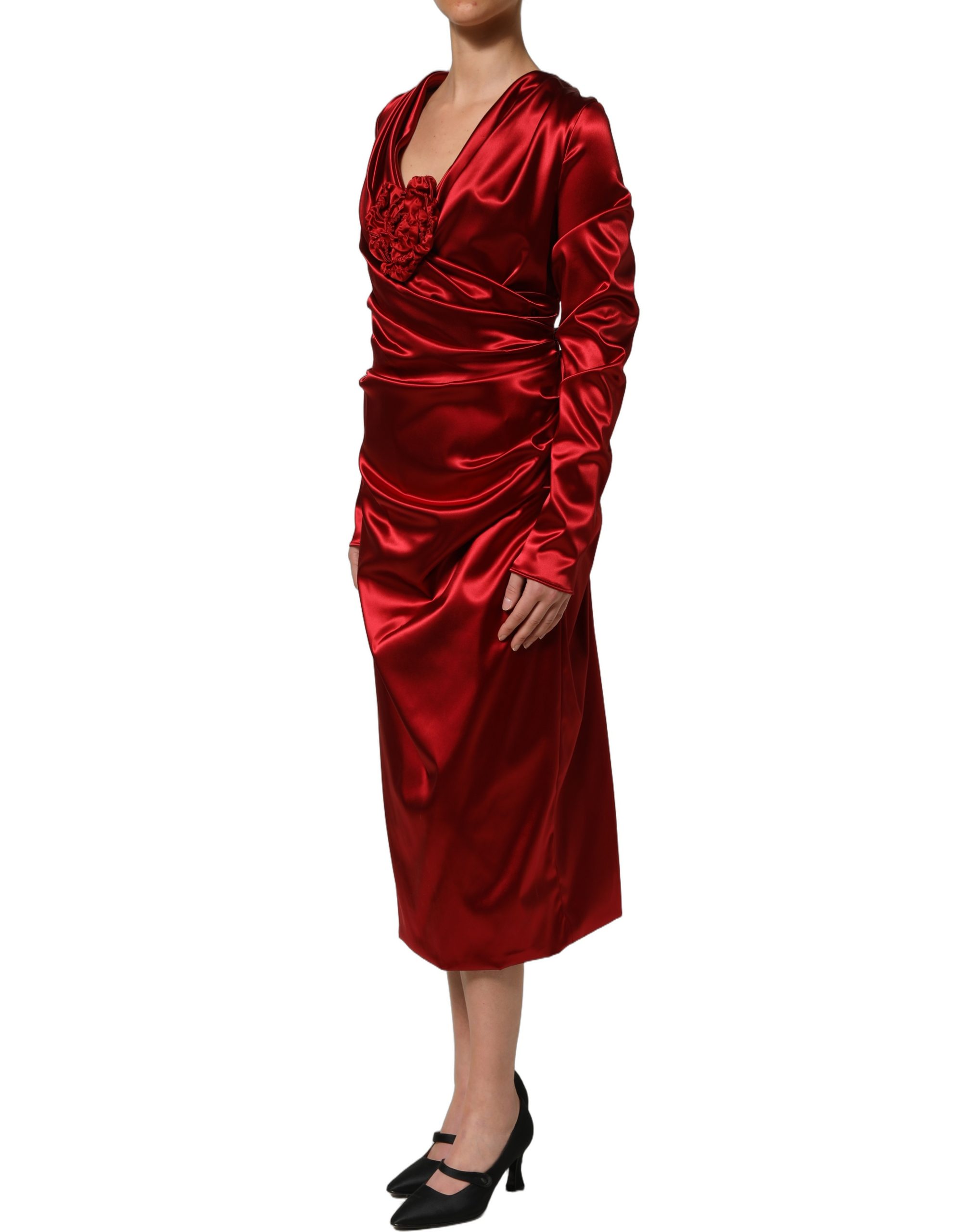 Dolce & Gabbana Red Silk Satin Draped Midi Floral Applique Dress - Image 4