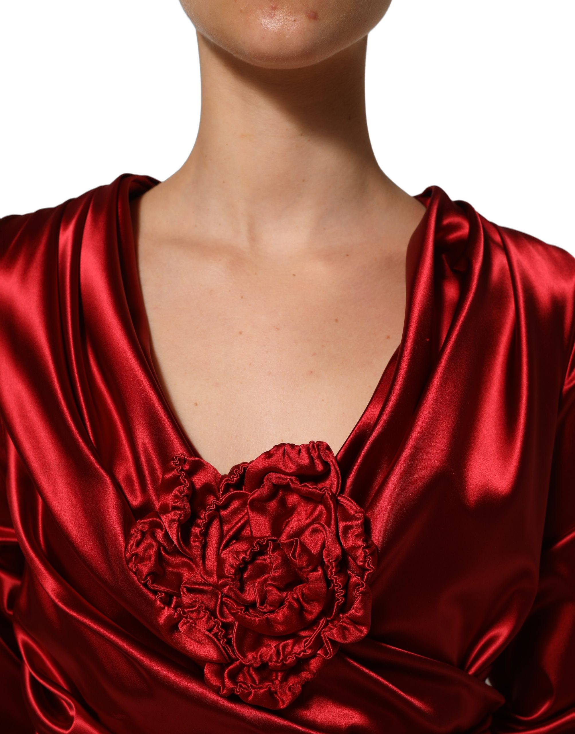 Dolce & Gabbana Red Silk Satin Draped Midi Floral Applique Dress - Image 5