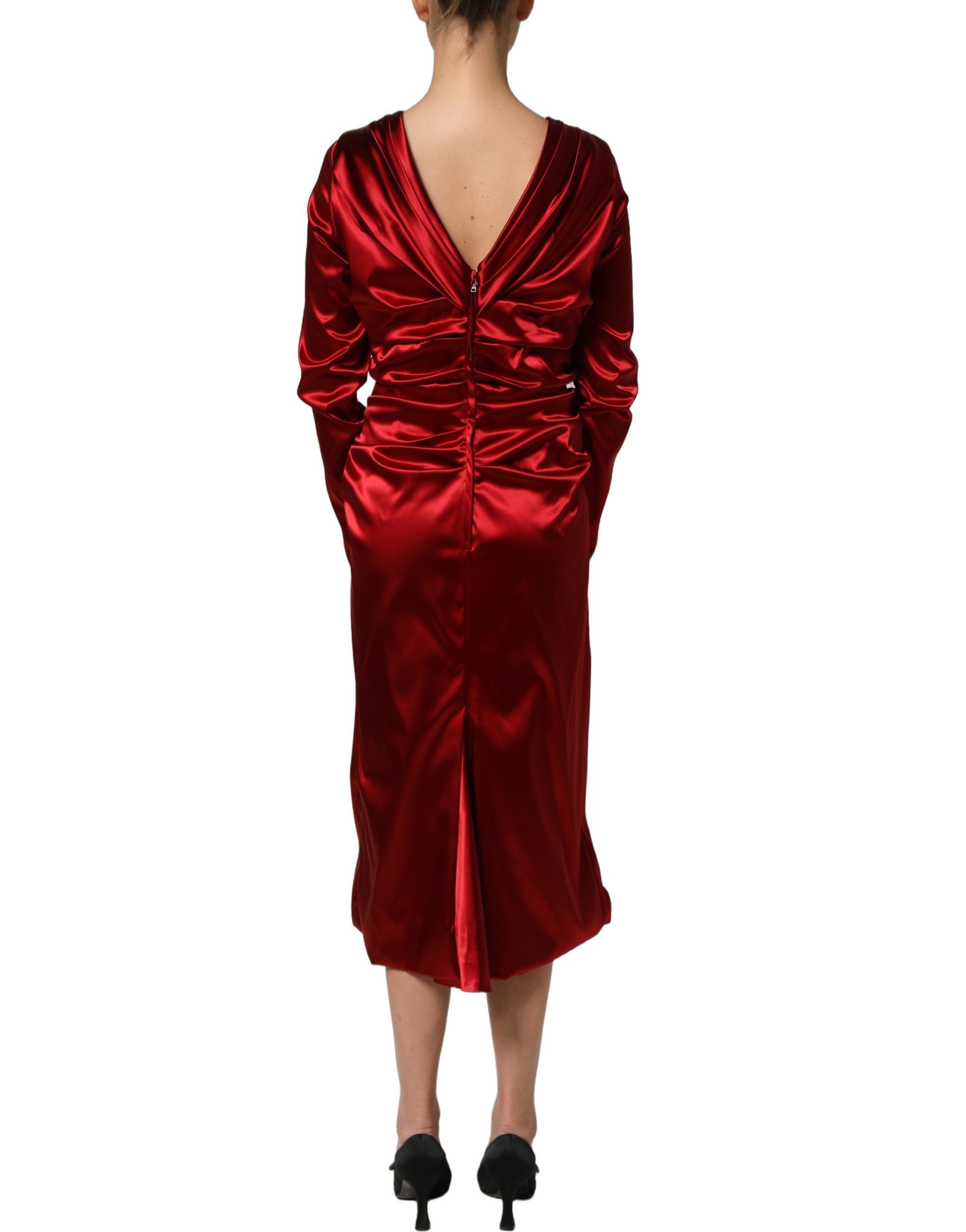 Dolce & Gabbana Red Silk Satin Draped Midi Floral Applique Dress - Image 6