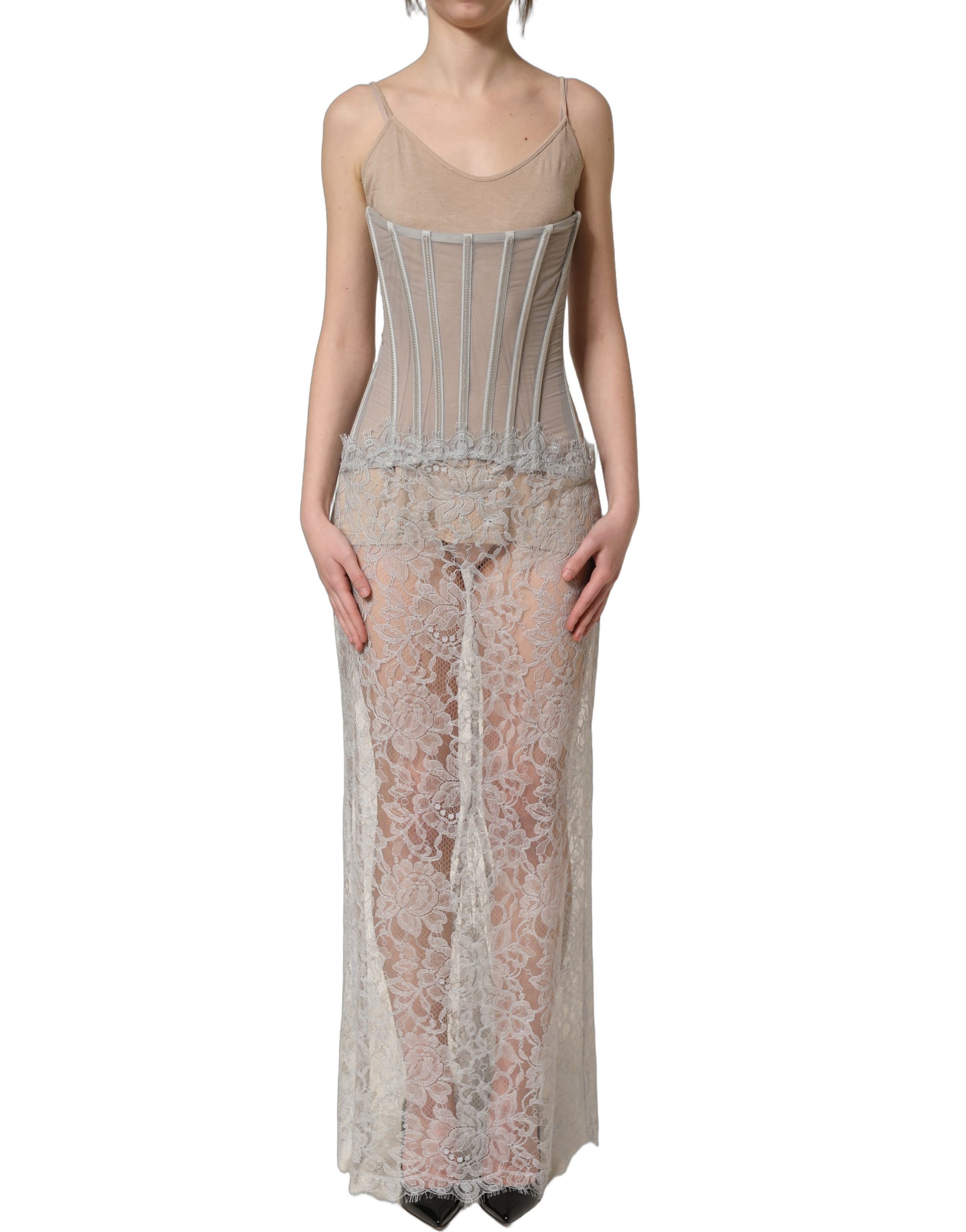 Dolce & Gabbana Gray Lace Corset Style Bodice Maxi Dress - Image 3