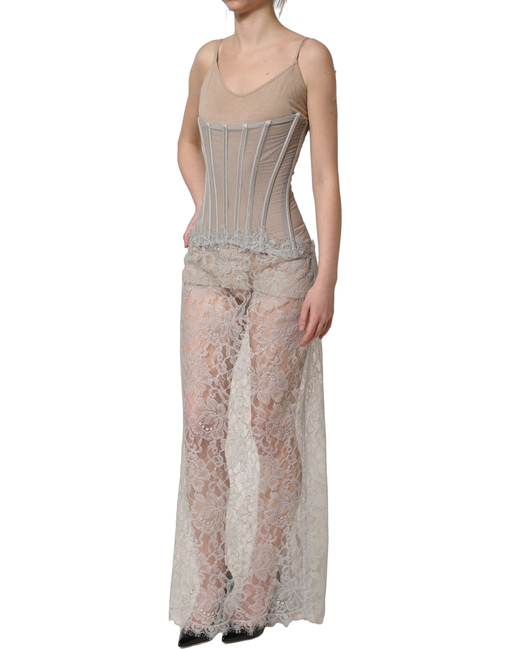 Dolce & Gabbana Gray Lace Corset Style Bodice Maxi Dress - Image 4