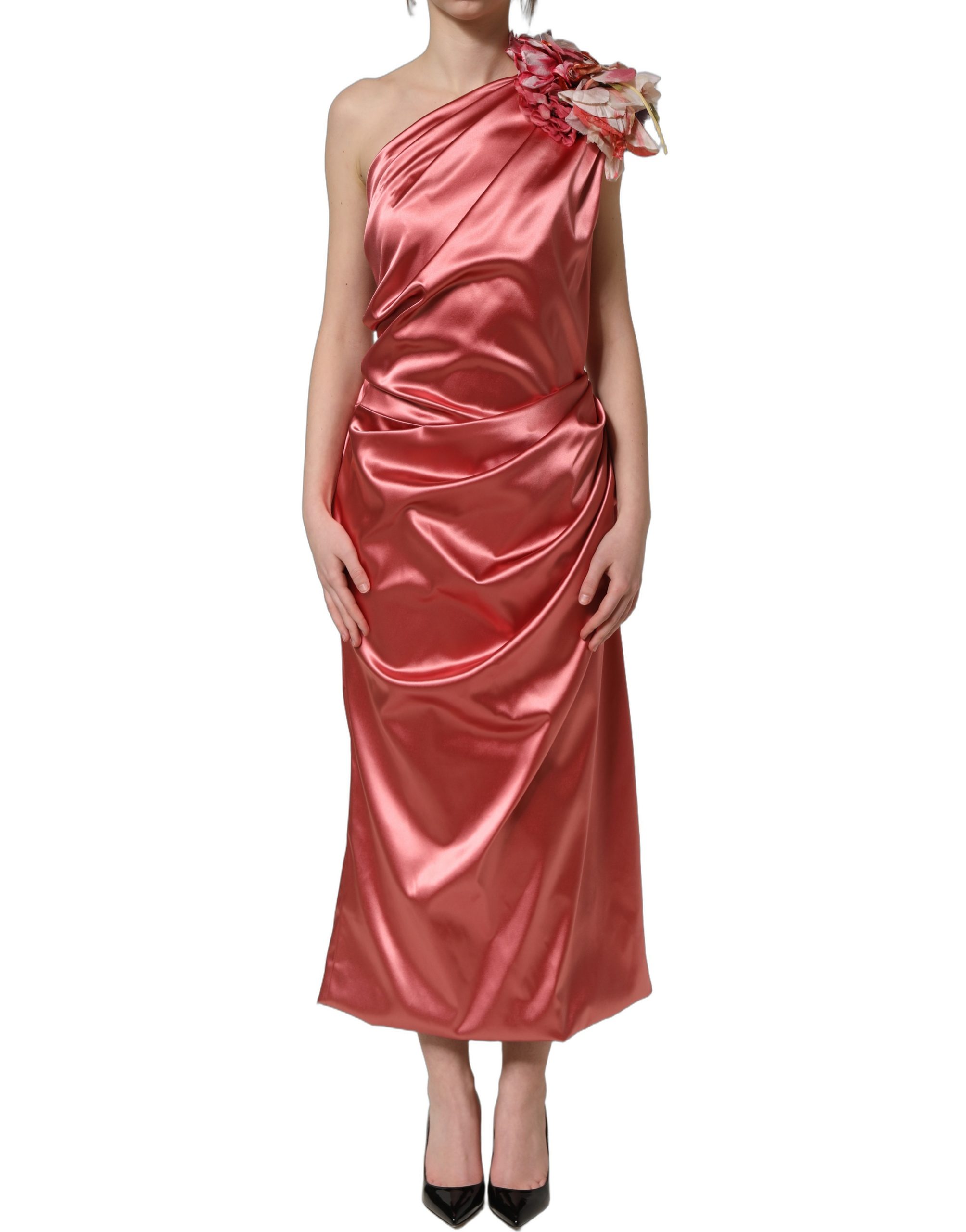 Dolce & Gabbana Pink Draped Midi Flower Appliques Dress - Image 3