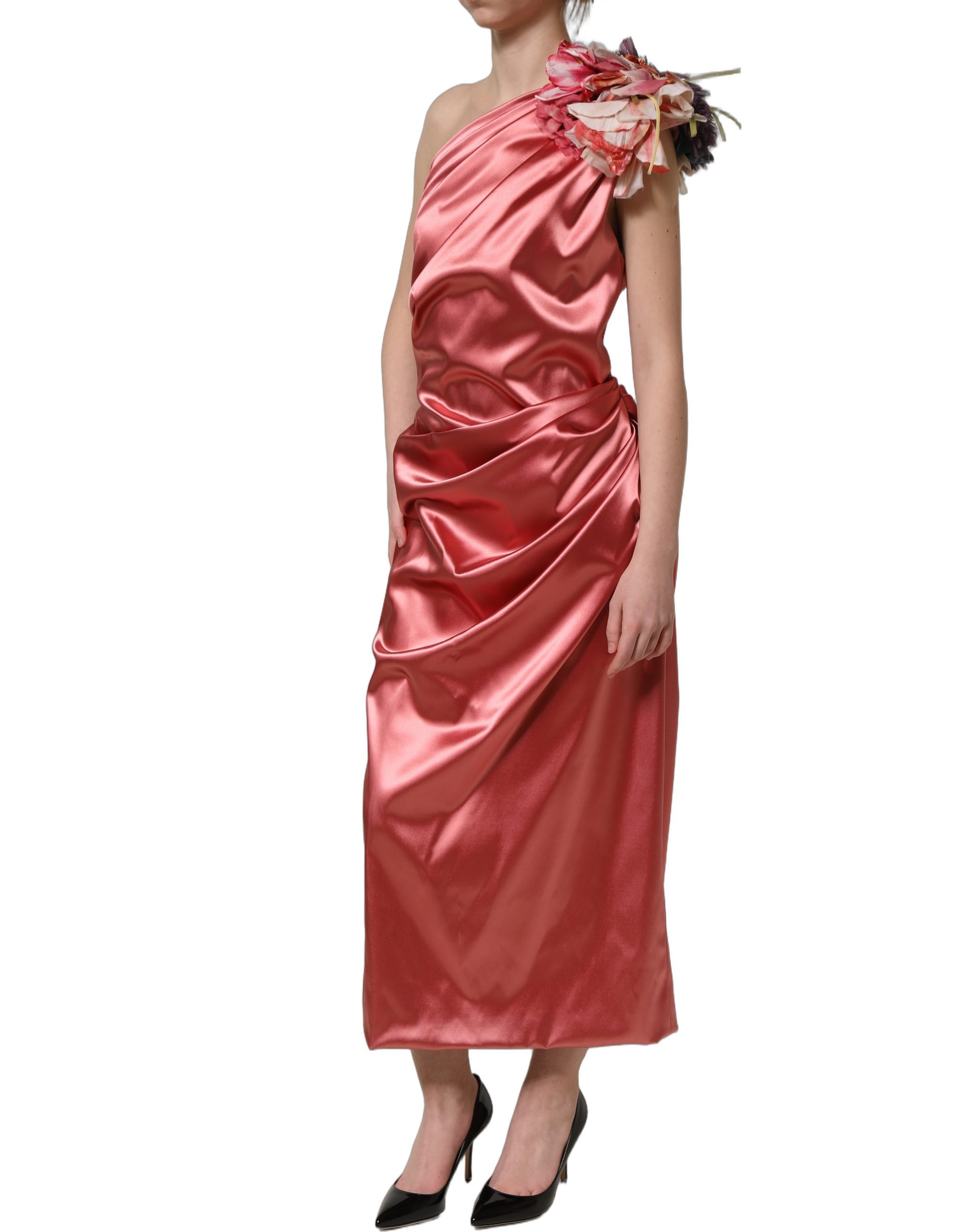 Dolce & Gabbana Pink Draped Midi Flower Appliques Dress - Image 4