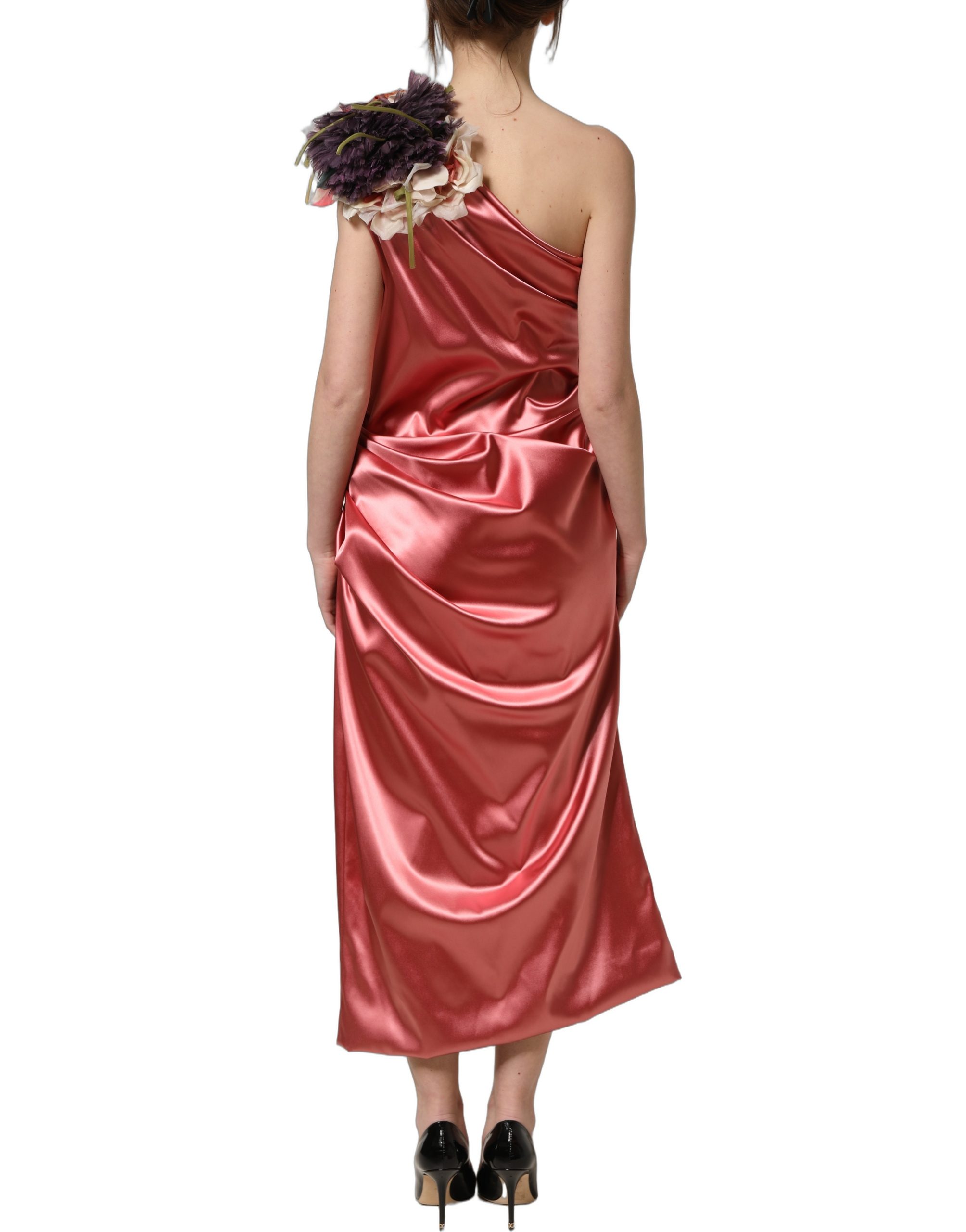 Dolce & Gabbana Pink Draped Midi Flower Appliques Dress - Image 6
