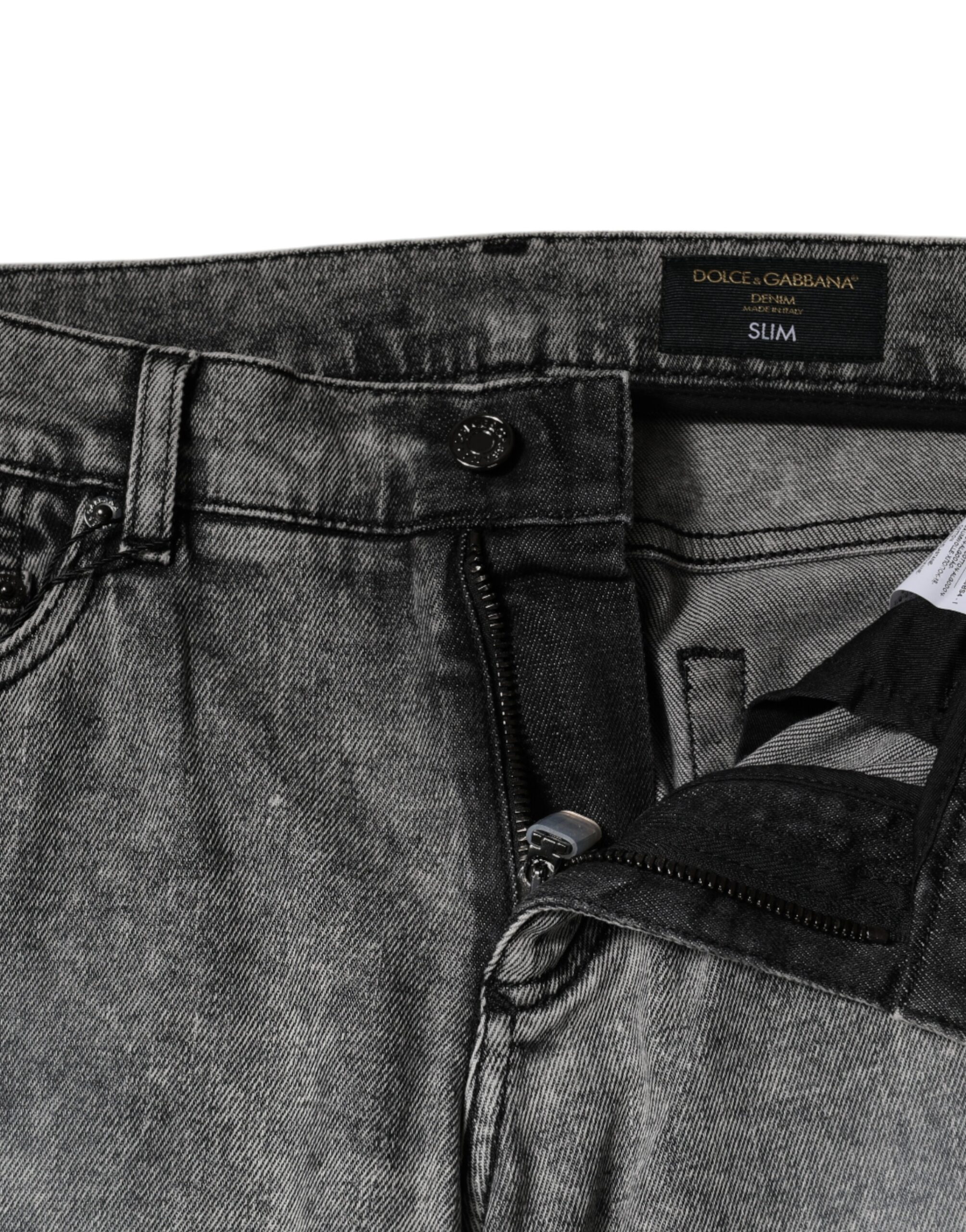 Dolce & Gabbana Gray Logo Plaque Cotton Slim Fit Denim Jeans - Image 5