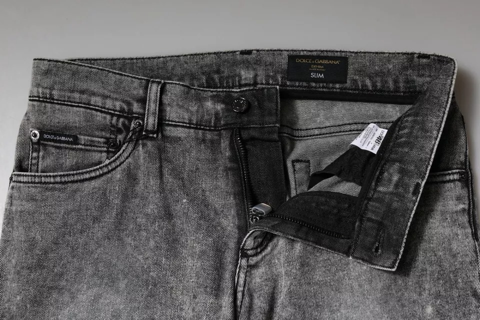 Dolce & Gabbana Gray Logo Plaque Cotton Slim Fit Denim Jeans - Image 7