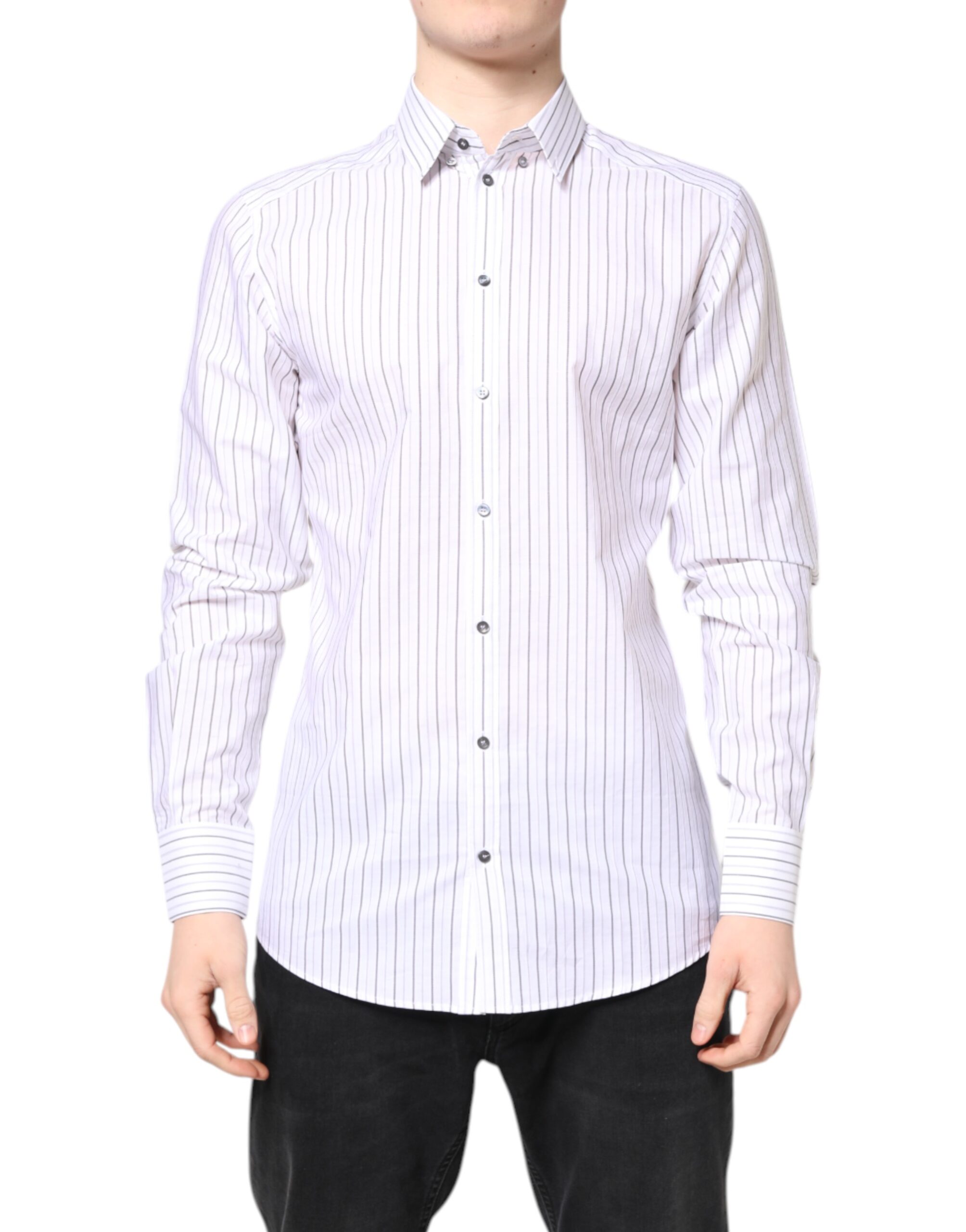 Dolce & Gabbana White Stripes Cotton GOLD Formal Dress Shirt - Image 2