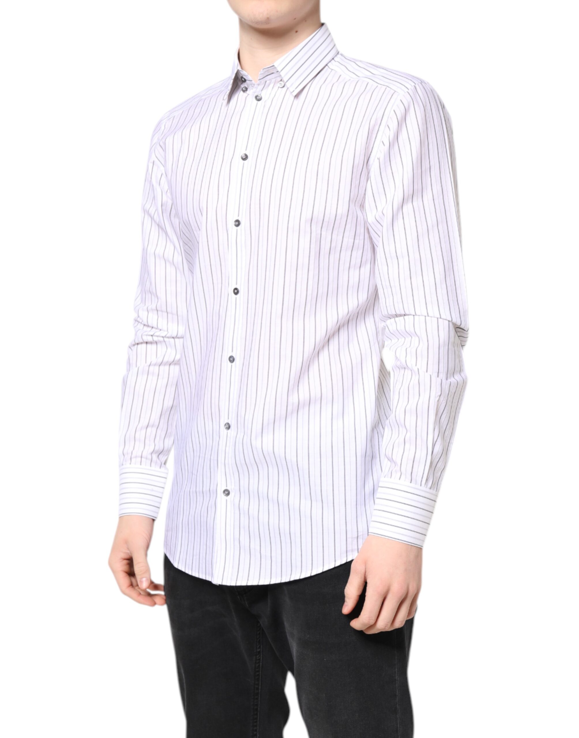 Dolce & Gabbana White Stripes Cotton GOLD Formal Dress Shirt - Image 3