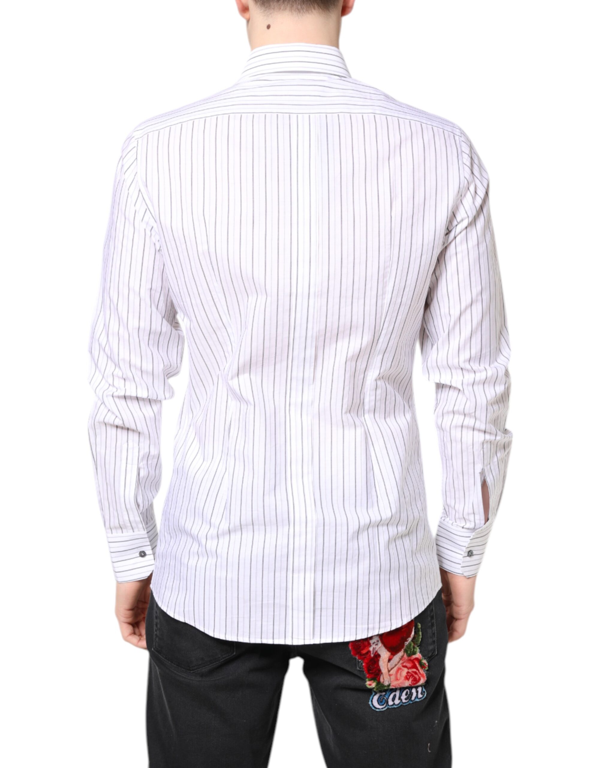 Dolce & Gabbana White Stripes Cotton GOLD Formal Dress Shirt - Image 4